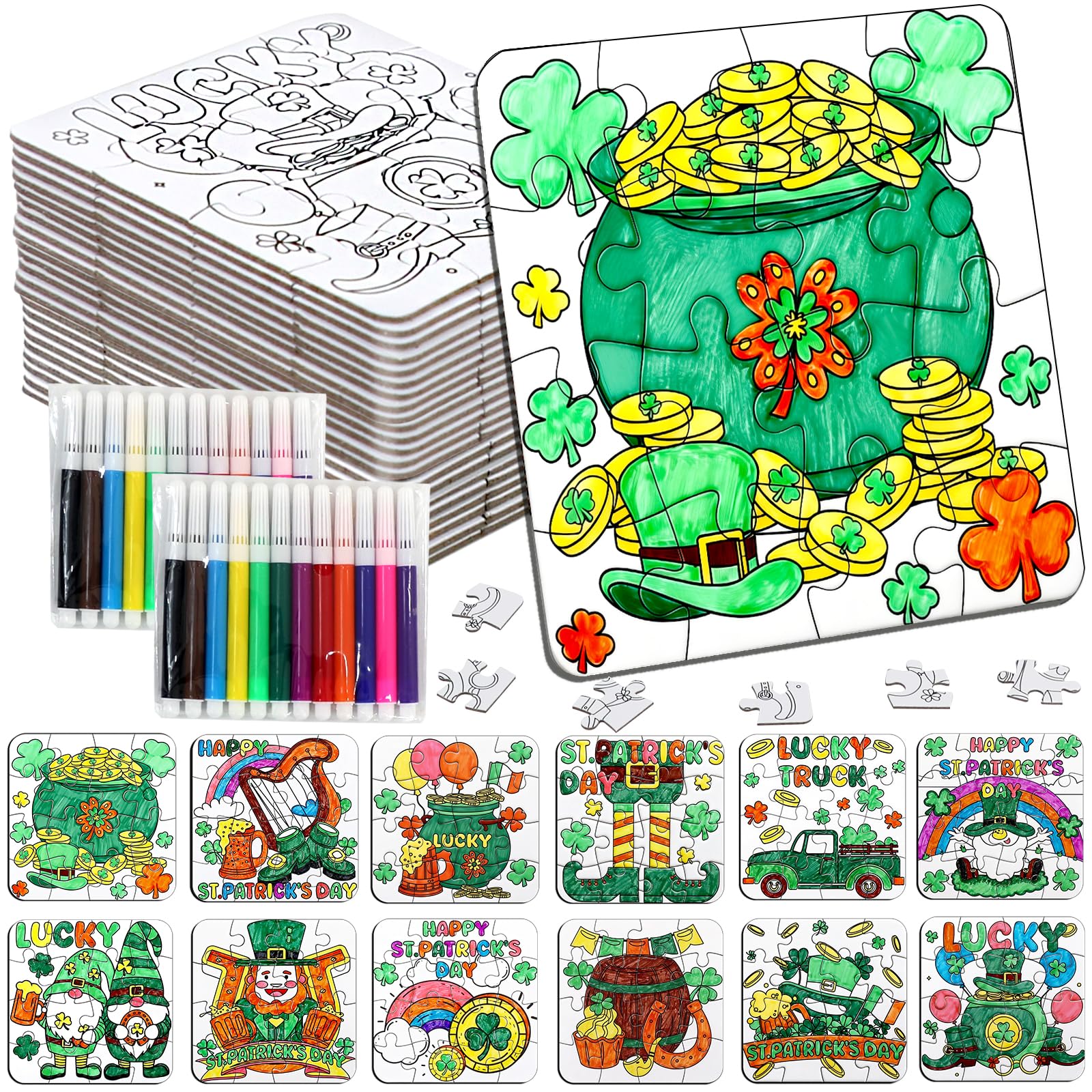 St Patricks Day Crafts for Kids & Adults Bulk, St. Patrick's Day Activities Classroom Gifts, Irish DIY Kits Jigsaw Puzzles with Pot of Gold, Leprechaun Shamrock, March Arts for Party Favors Supplies