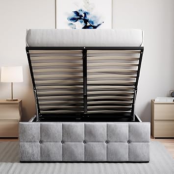 Vida Designs Valentina Double Ottoman Bed Frame | Crushed Velvet Silver| 105 H x 144 W x 207 D cm | Upholstered Velvet Headboard | Gas Lift | Large Storage | Slatted Base | Premium Bedroom Furniture