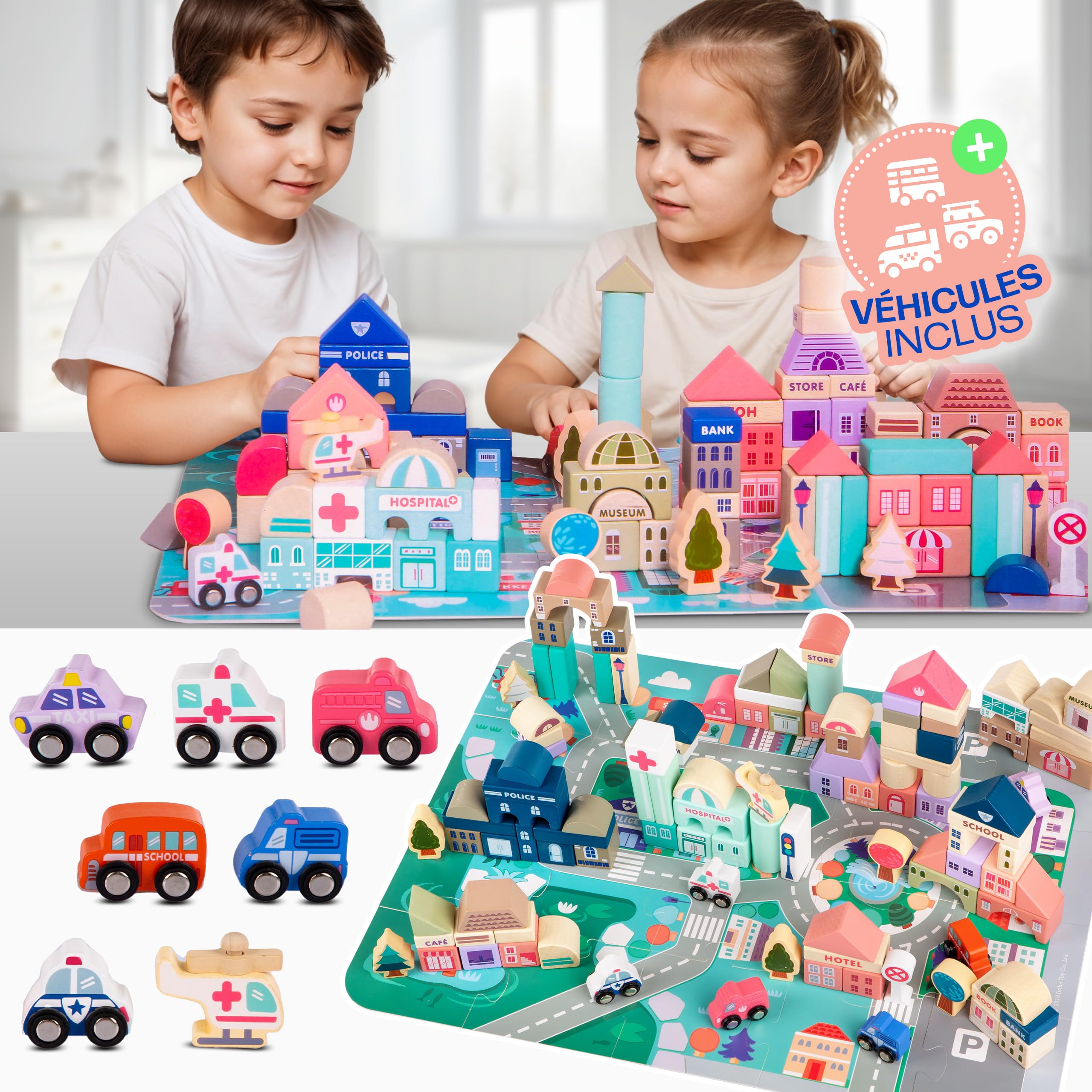Kinderplay Green Series 115 Elements Jeux de Construction 2 Ans | Cubes en Bois pour Jouer - Bloc de Construction Bois | Jeu Route | Ville | Jeu de Construction | Jeux Construction, KP8464