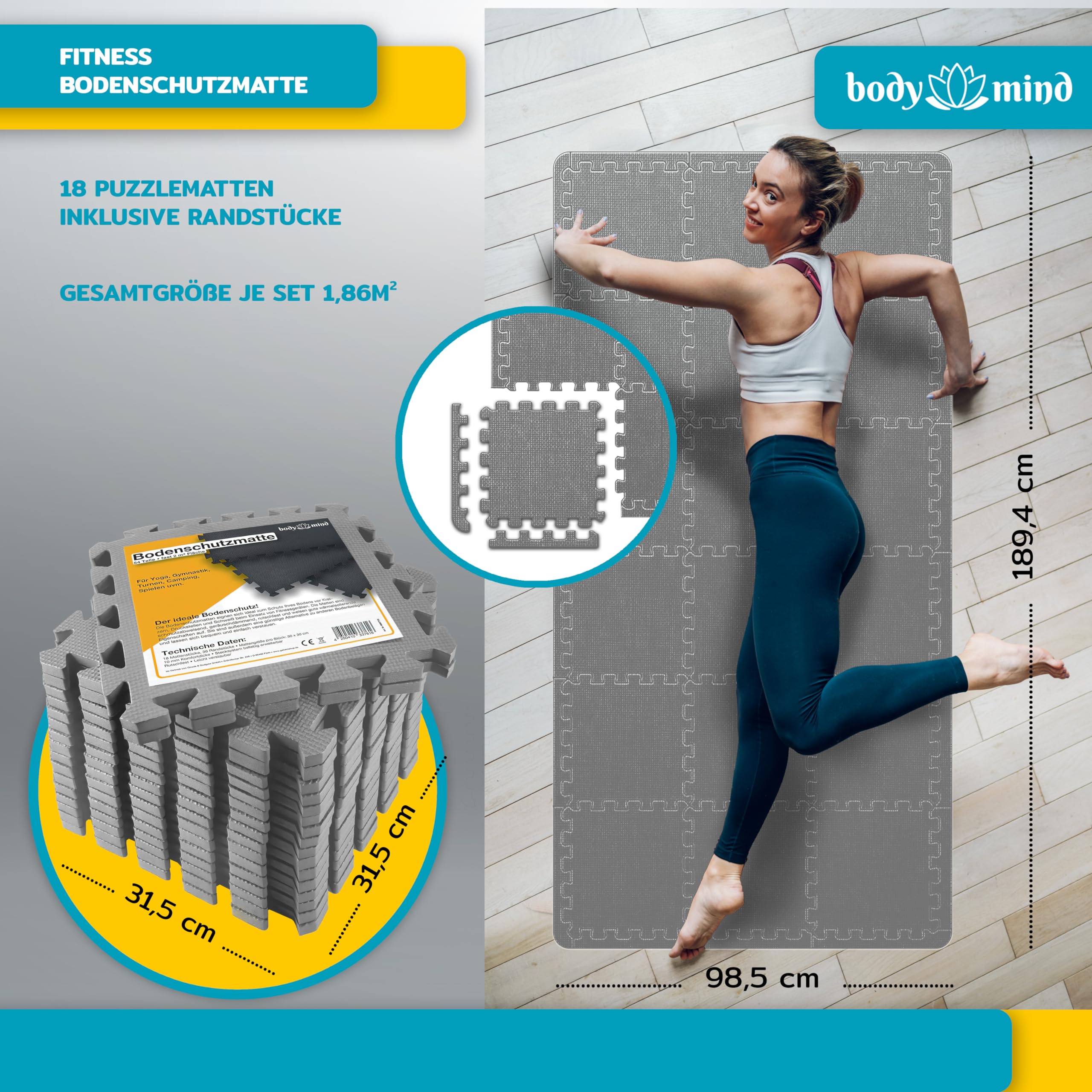 Meisterhome 60x60x1cm - 15 stuks - 5,40 m² - Zwart Set vloerbeschermingsmatten Puzzelmat Bodembeschermingsmat - Puzzel vloerbeschermingsmatten Onderlegmat | Fitnessmat Turnmat Sportmat Trainingsmat