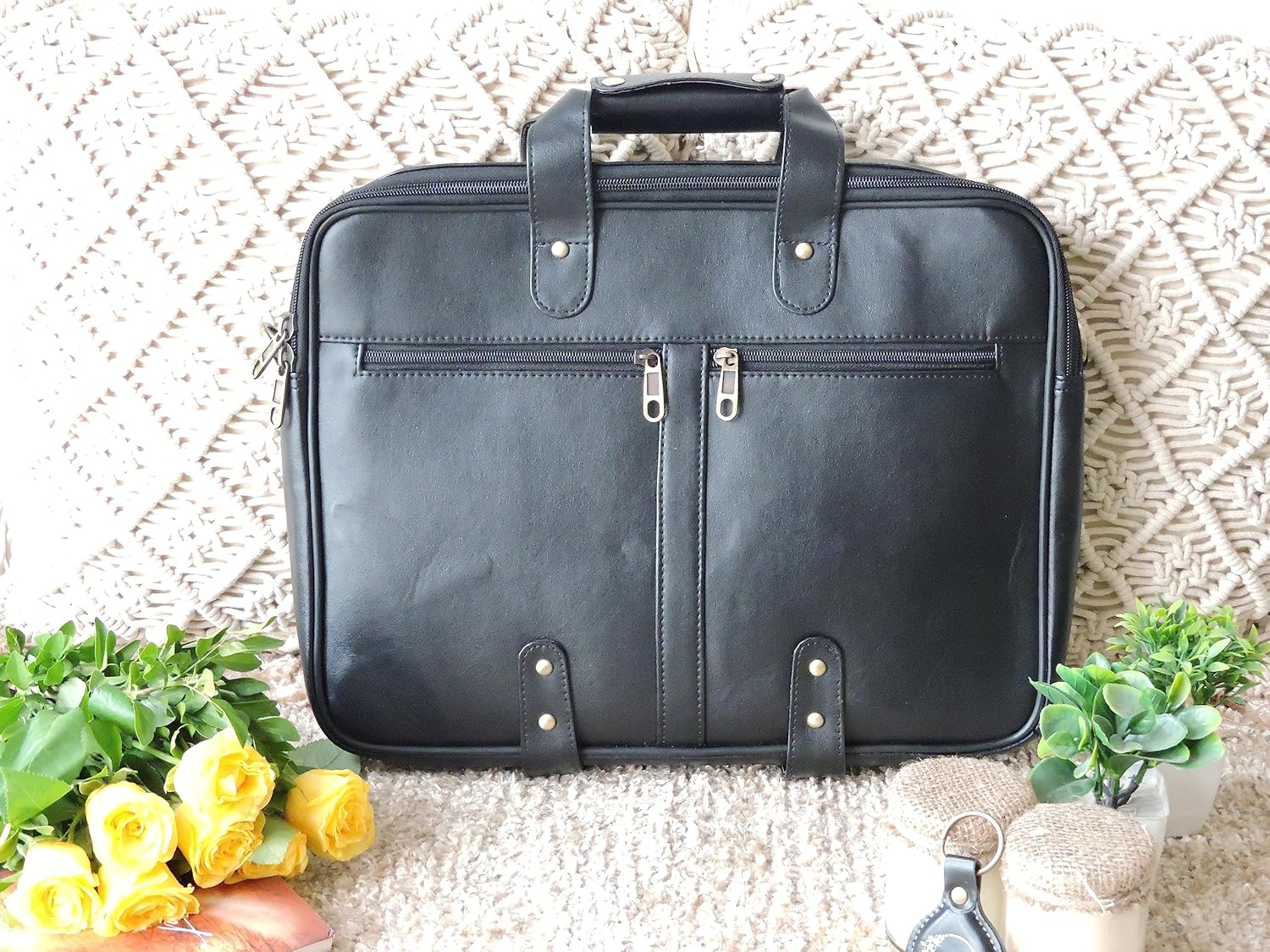 Mysa LIFESTYLE Black Faux Vegan Leather Slim Vintage Messenger Crossbody Shoulder Satchel Briefcase Sleeve Bag with Adjustable Strap for Office Work Travel Fits 14" Laptop Tablet for Men Women