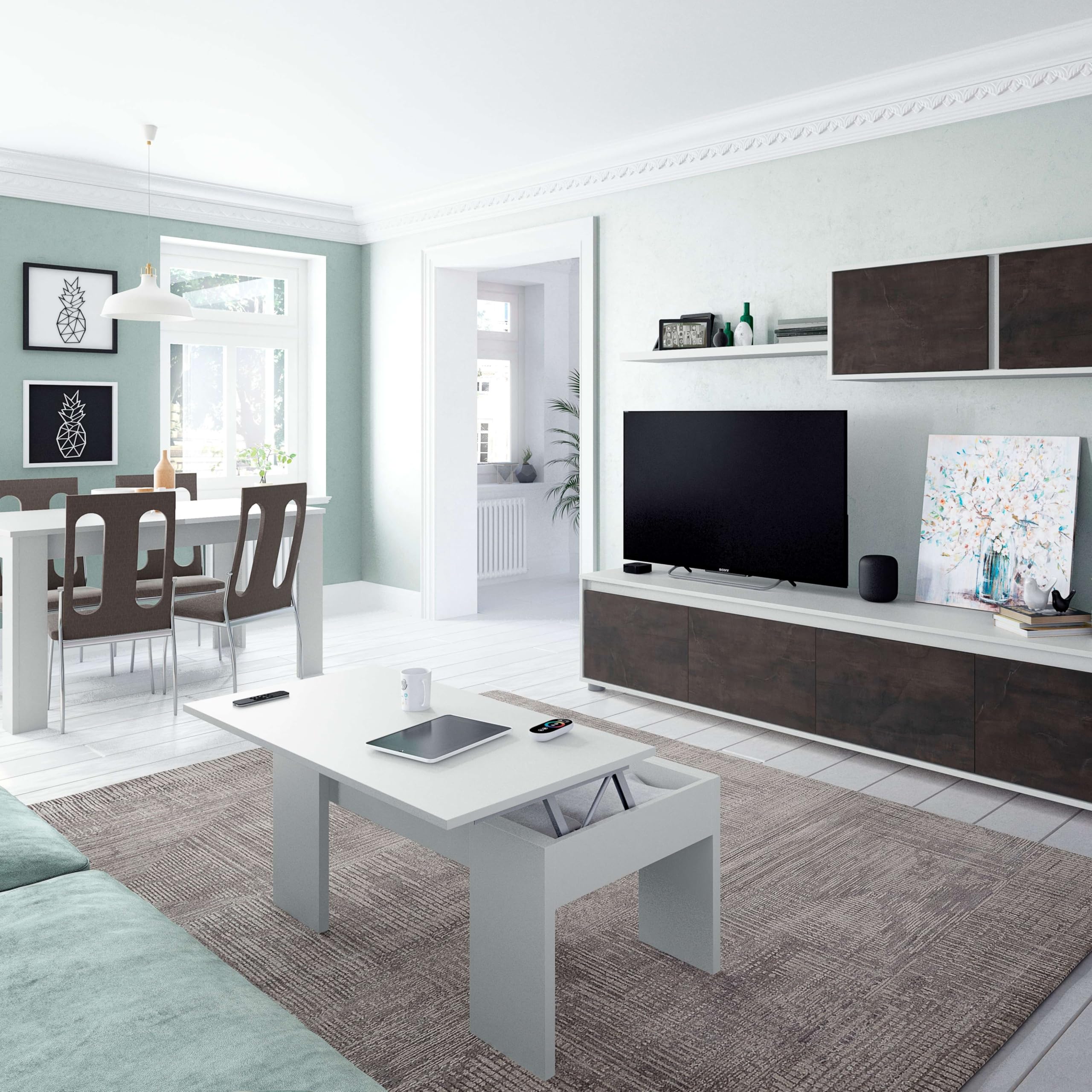 Miroytengo Mesa de Centro salón Comedor elevable Kendra Blanco Brillo 43x100x50 cm
