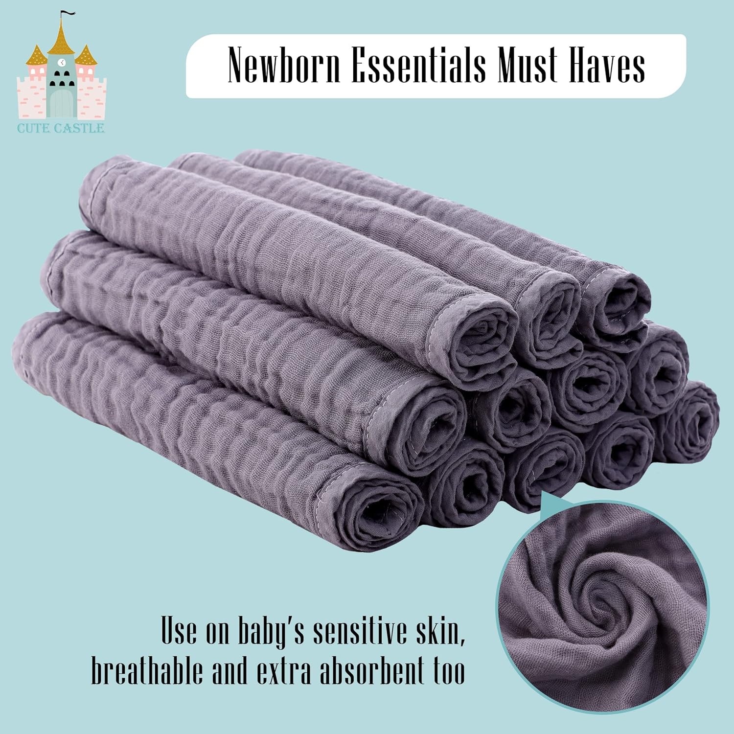 Cute Castle 24 Pack Muslin Burp Cloths for Baby - Ultra-Soft 100% Cotton Baby Washcloths - Large 20'' by 10'' Super Absorbent Milk Spit Up Rags - Burpy Cloths for Unisex, Boy, Girl - Grey