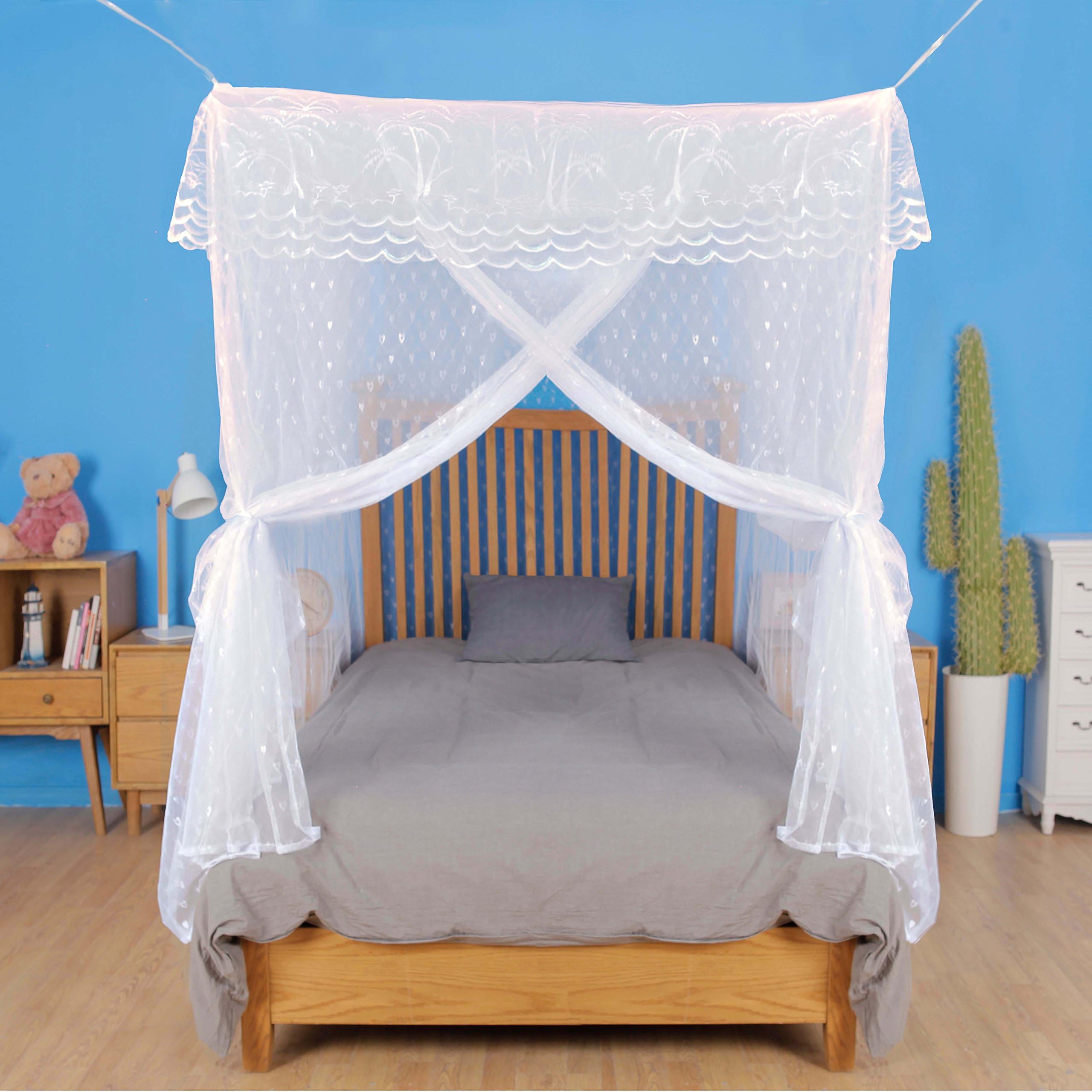 Premium Elegant Mosquito Net Romantic Bed Canopy Curtains for Queen Sized Beds Four Corners Post Bed | White Mosquito Netting for Princess Girls Bed | Quick & Easy Installation with Hanging Kit Set