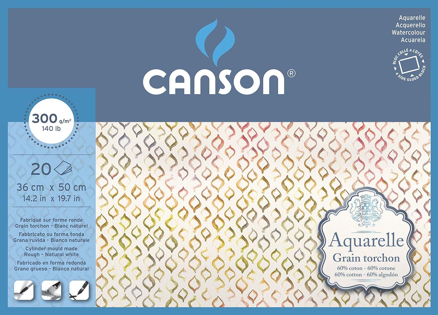 Aquarelle Canson Block Glued All Around 36 x 50 cm 20 Sheets 300 g/m² Coarse Grain