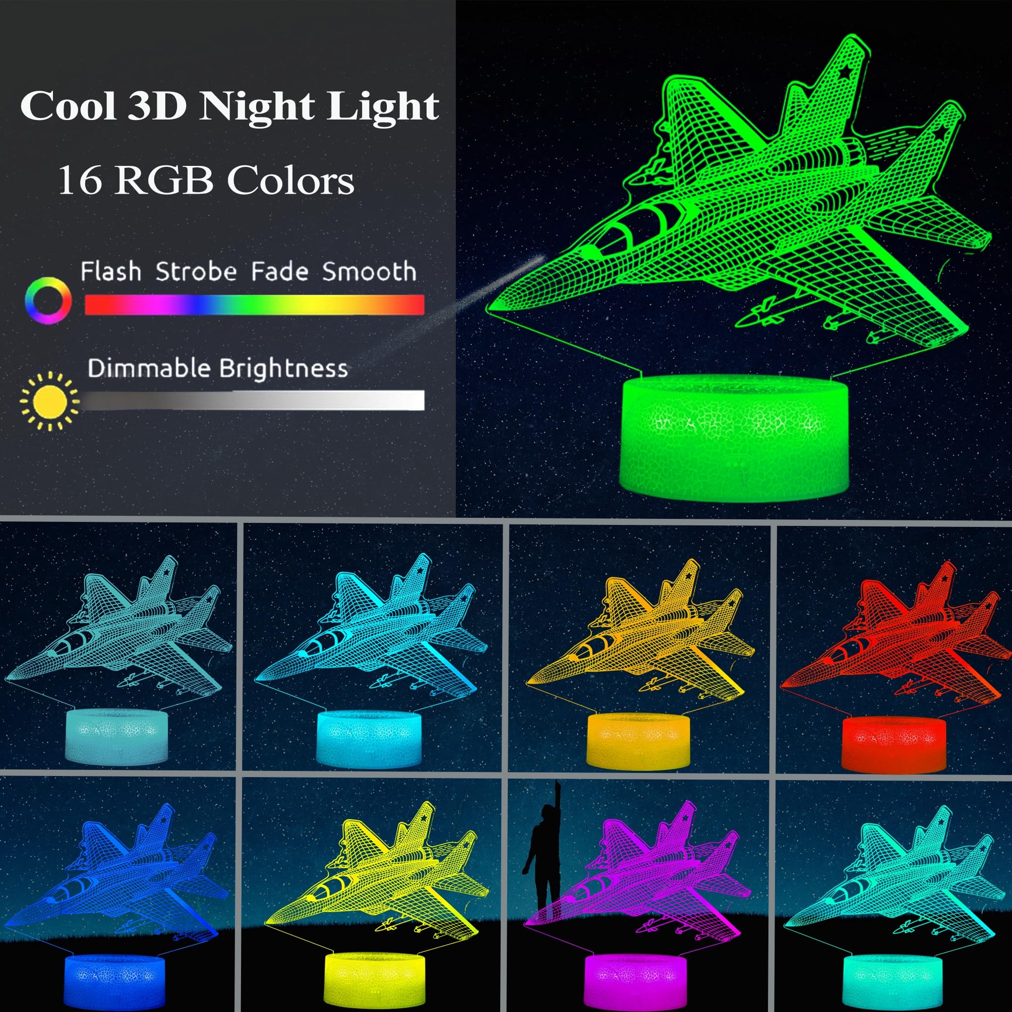 POSSHE Warplane Night Light, Airplane Gifts, Aviation 3D Illusion Night Light with 16 Colors Changing, Remote Control with Timer, Fighter Kids Room Decoration for Holiday Birthday Christmas