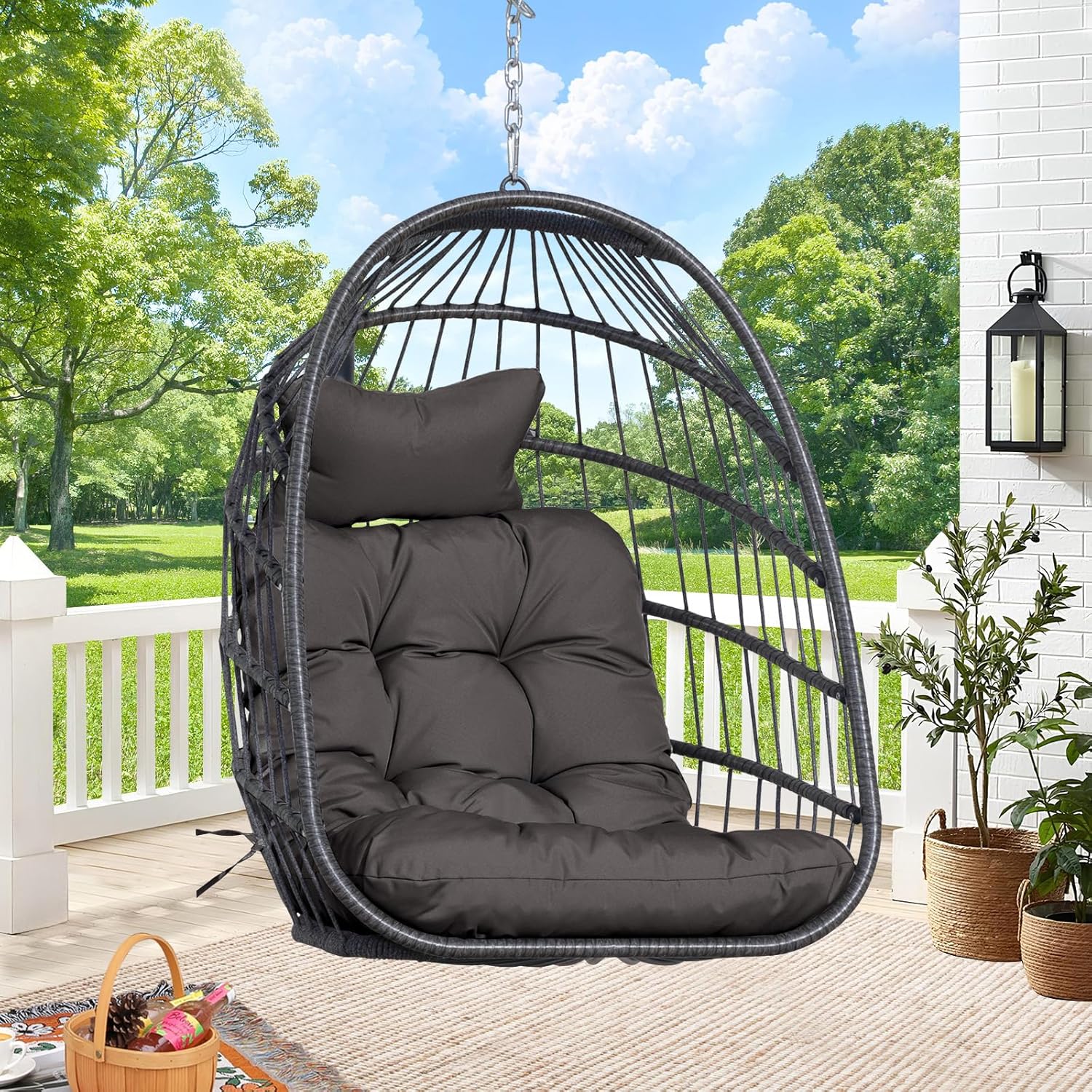 RADIATA Outdoor Egg Chair Without Stand, Foldable Durable Rattan Wicker Hanging Swing Basket, 350 Lbs Heavy-Duty Hammock Chair with Cushion for Patio Balcony Garden Ceiling or Tree Mount, Dark Gray