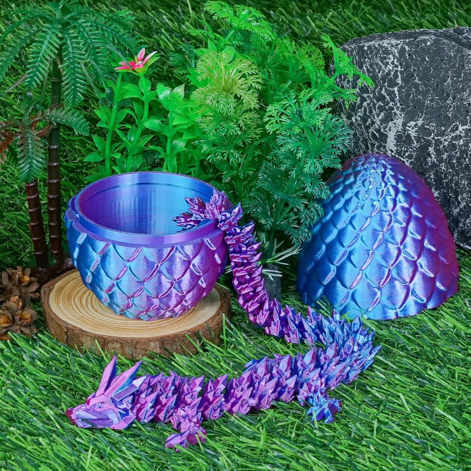 3D Printed Dragon Egg with Dragon Inside, Articulated Crystal Dragon Fidget Toy for Home Office Decor Executive Desk Toys, Easter Basket Stuffers for Adults and Kids (Laser Purple, H:3.9 Inch)