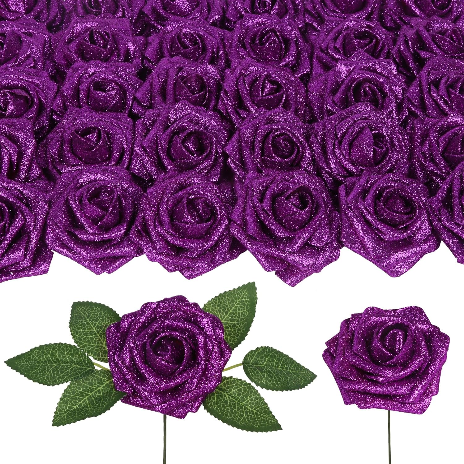 IPOPU Purple Glitter Roses Bouquet,30PCS Faux Sparkling Flowers 3.15" Artificial Roses with Stems for DIY Wedding Christmas Home Party Decor