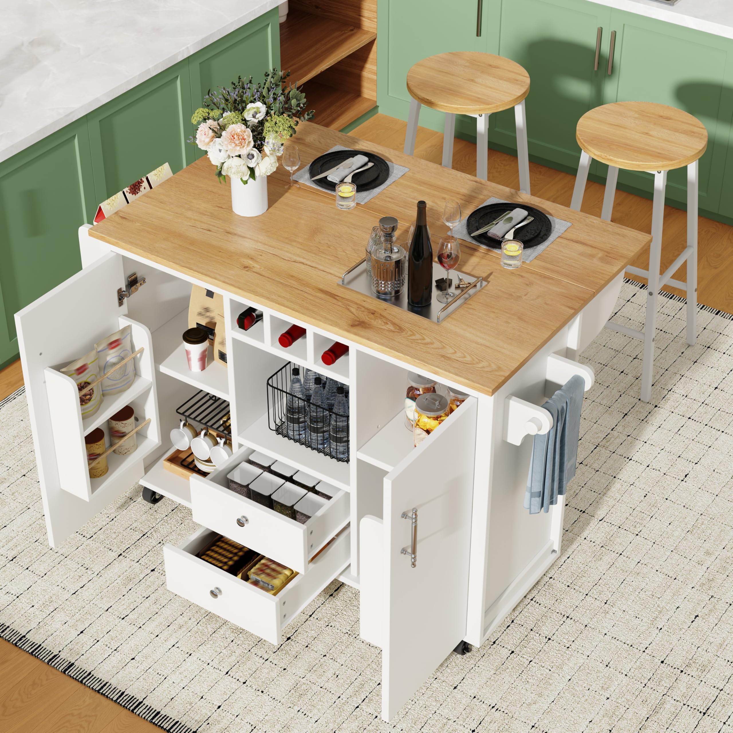 Carrito de servir con 2 taburetes de bar, encimera plegable, toallero, estante para especias, estante para vino, estantes ajustables, para comedor, salón, balcón, mostrador, color blanco