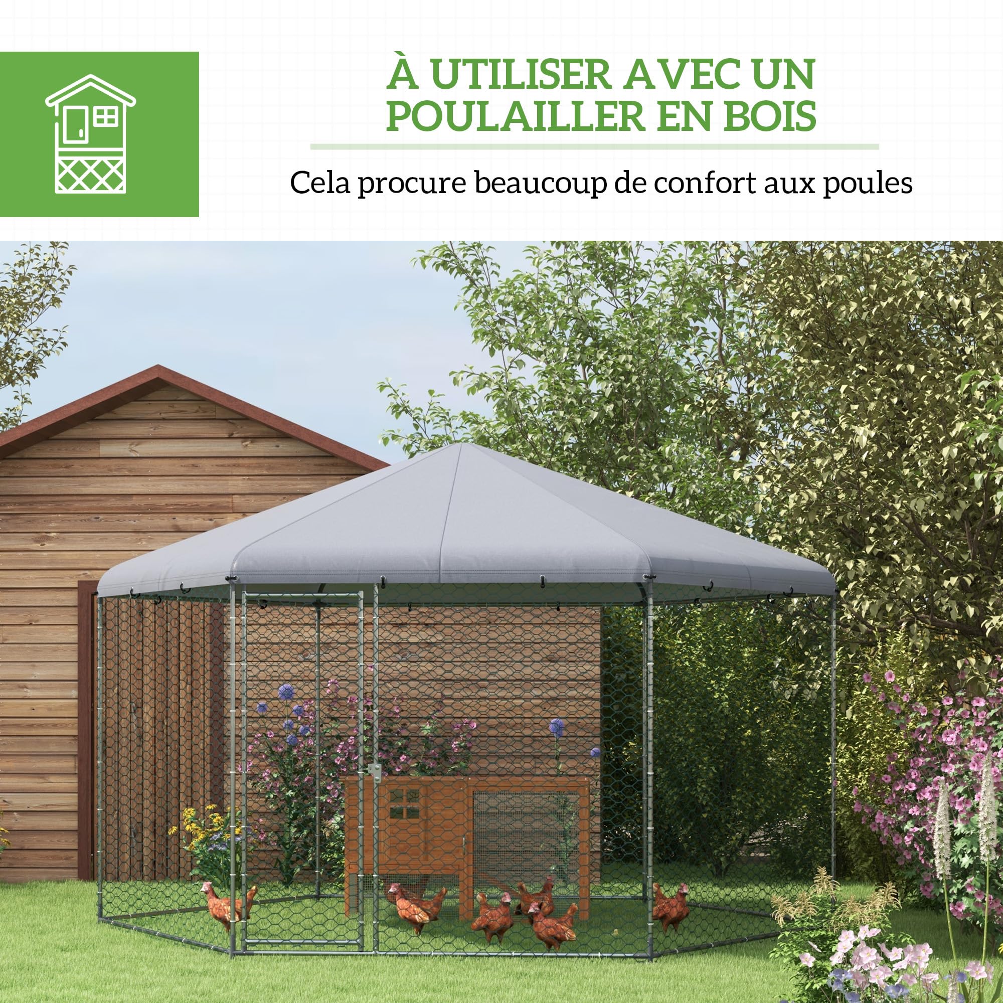 PawHut Enclos Poulailler Hexagonal Extérieur 400 x 346 x 263 cm Argenté | Chenil Volière, 10 m², Parc Grillé, Espace Couvert, Acier Galvanisé, 10-15 Poules