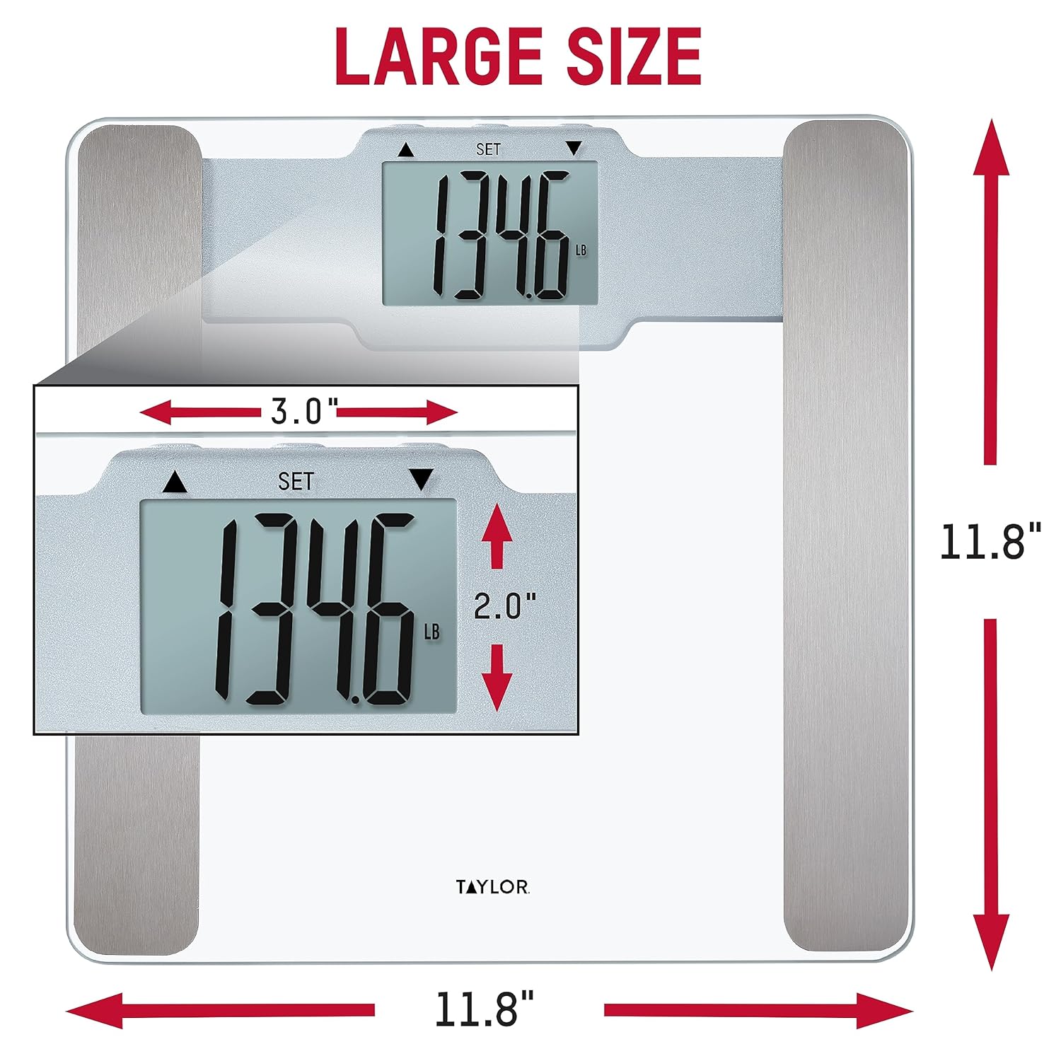 Taylor Digital Body Composition Bathroom Scale placed on a hard, flat floor in a bathroom setting.