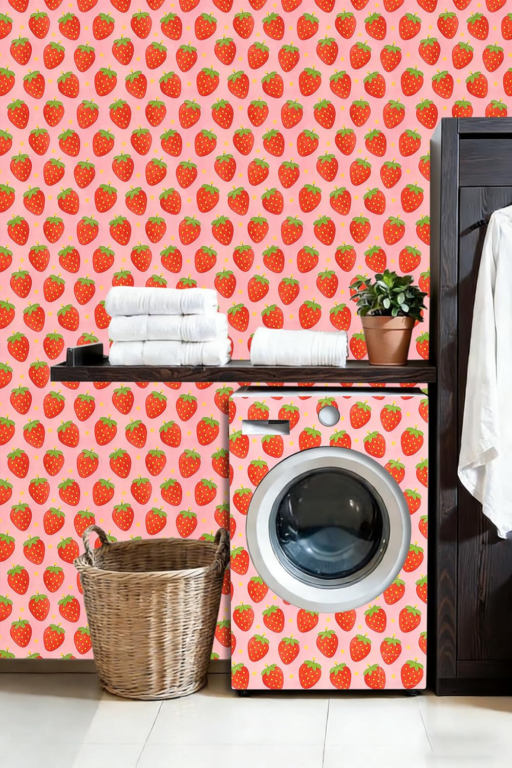 Cute Strawberry Peel and Stick Wallpaper, Removable Self-Adhesive Fruit Wall Paper Renter Friendly Contact Paper for Girls Nursery Bedroom Wall Decor (Strawberry Pattern, 17.7x118 in)