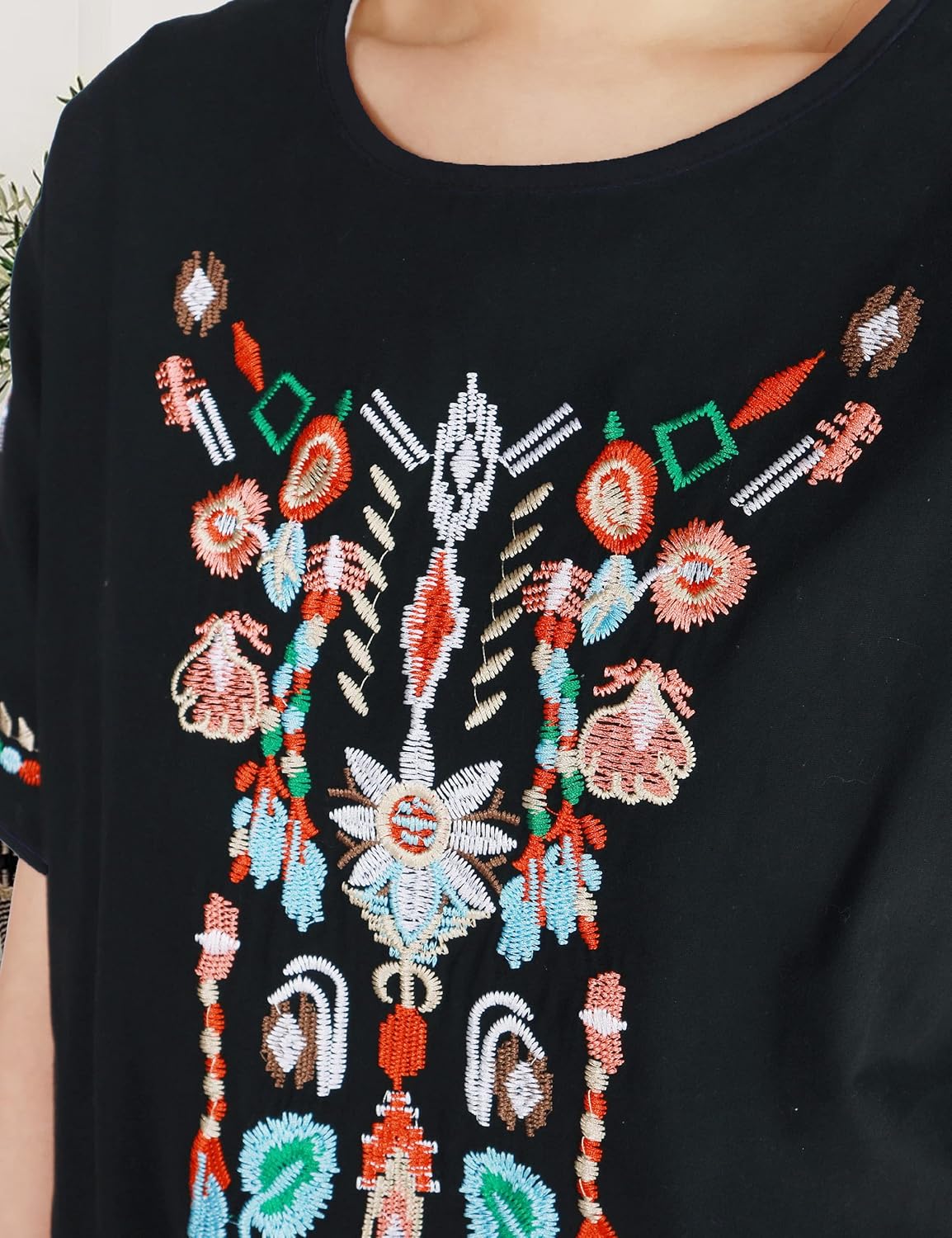 SeekMe Women's Cotton Linen Tops Embroidered Short Sleeve Peasant Boho Mexican Tunic Top Festival Casual Loose T Shirt - Image 7