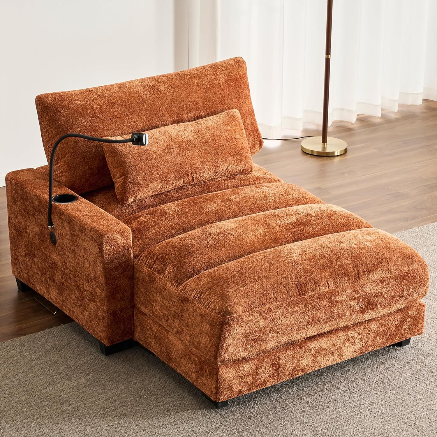 Tmsan Oversized Chaise Lounge Chair Indoor with Adjustable Backrest, Chenille Sleeper Sofa Bed, Modern Cloud Couch Chair with USB Ports/Cup Holders/Phone Stand for Living Room Apartment Office