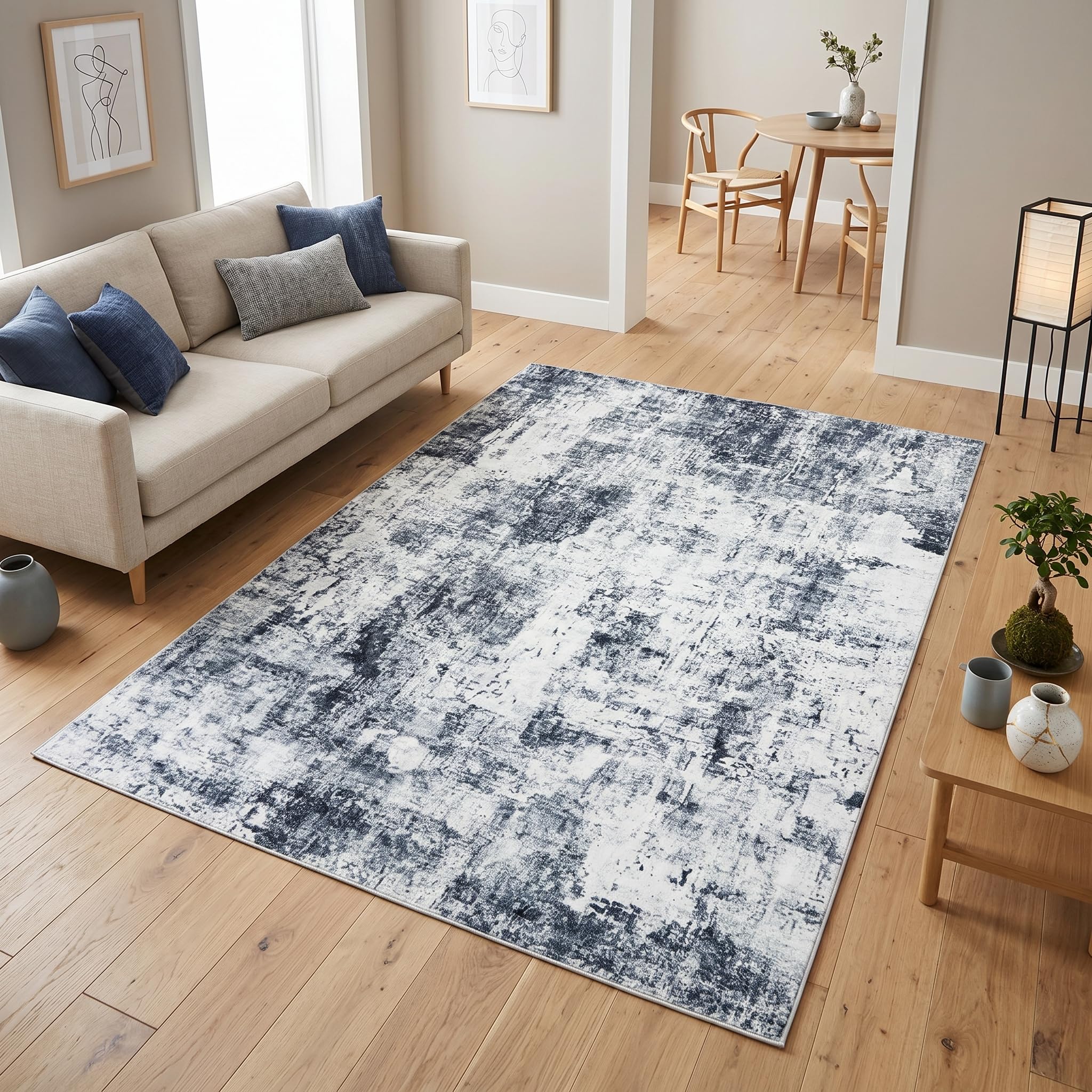 TAPISO Bari Alfombra Motivo Abstracto Difuminado Azul Gris Oscuro - Alfombra Impresa con Base Antideslizante Salón Dormitorio Diseño Moderno Öko-Tex 120 x 170 cm