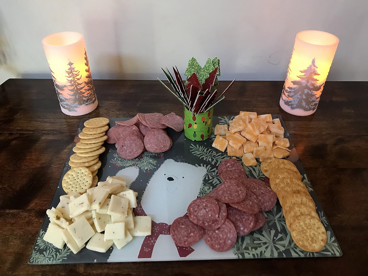 Holiday Bear Glass Cutting Board with Glitter Tree Appetizer Picks: Decorative Polar Bear and Christmas Tree Design
