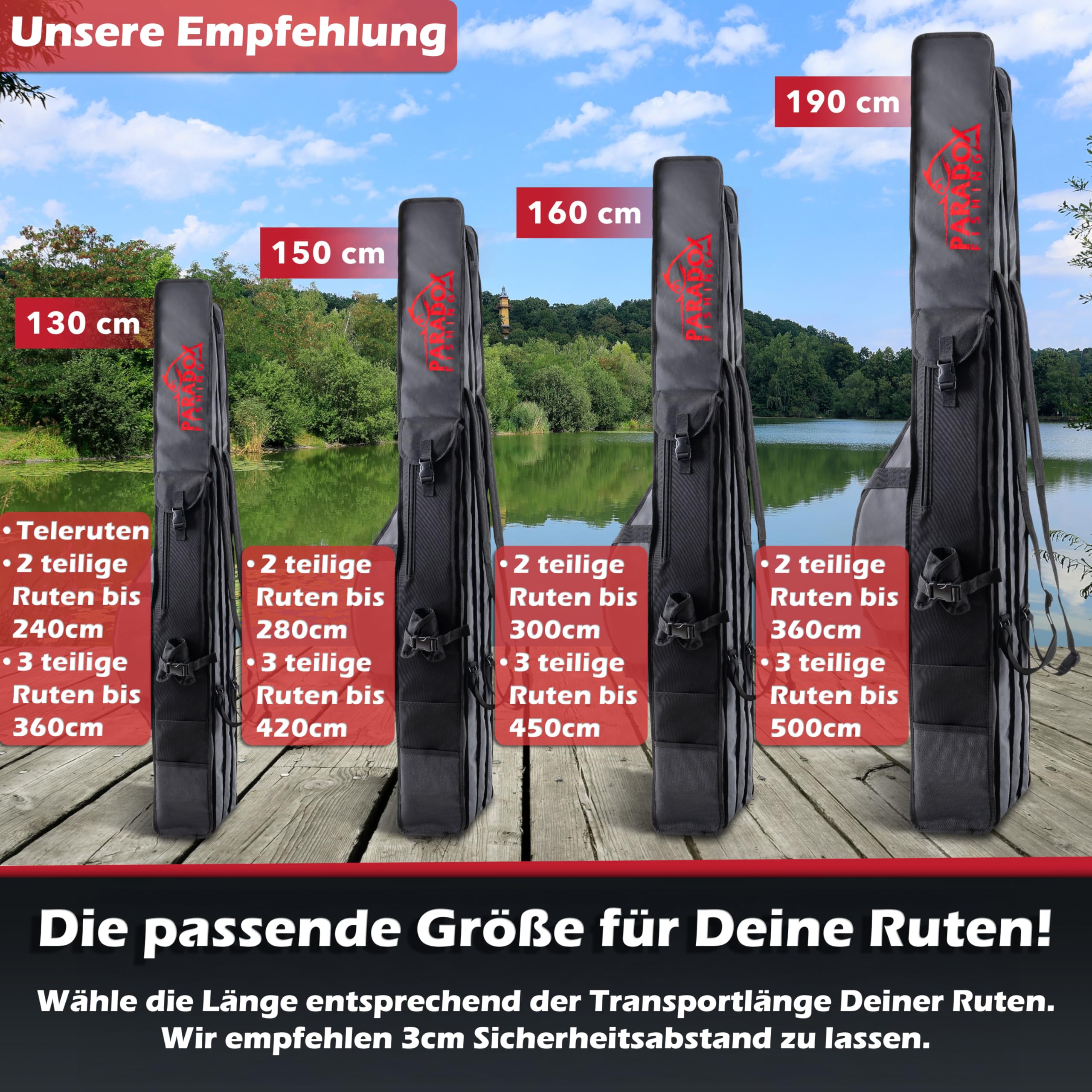 Paradox Fishing Rutentasche 2/3/4 Fächer I 120cm/130cm/150cm/160cm/190cm I Angeltasche Rutentasche Rutenfutteral Angeltasche - Angelrutentasche - 5