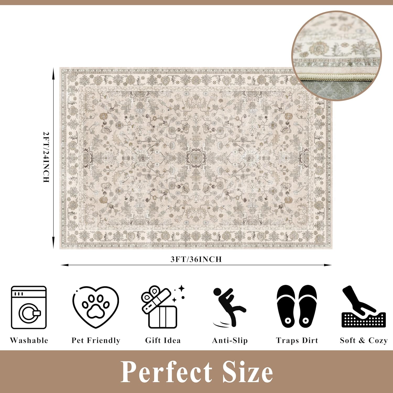 2x3 Non-Slip Washable Kitchen Rug – Boho Small Accent Rug for Sink & Entryway, Soft Low Pile Thin Carpet for Pet Area & Bathroom, Indoor Door Mat (Beige,2x3) - Image 2