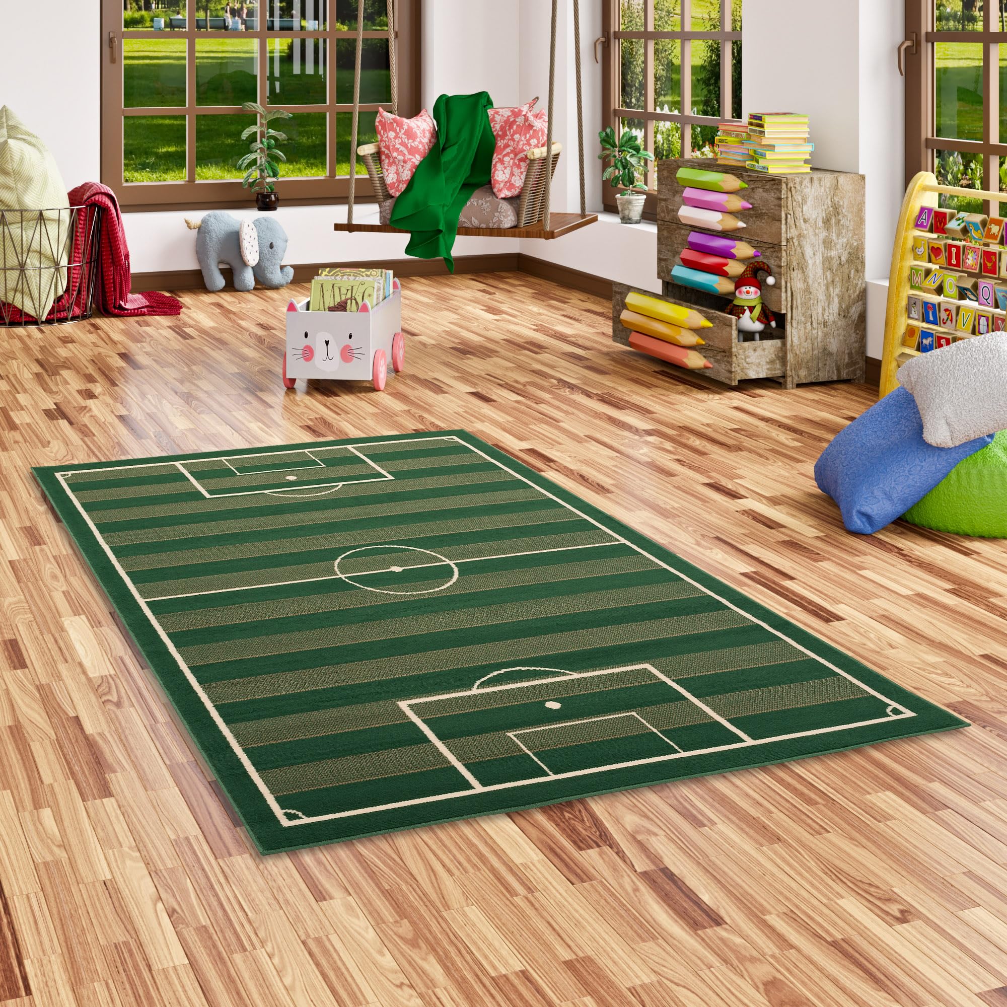 Tapis pour enfant terrain de football vert résistant et facile à nettoyer