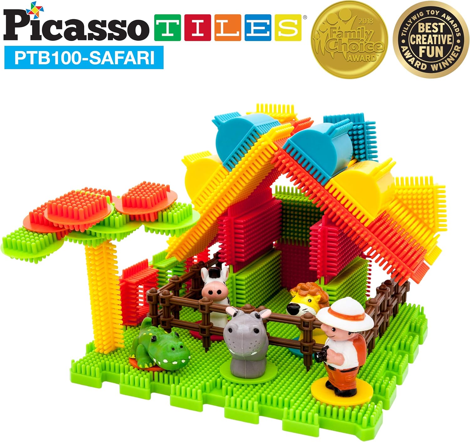 PicassoTiles Magnetic Puzzle Cube + Safari Theme Bristle Blocks, 0.5” Pixel 400 Piece Mix & Match Cubes Sensory Toys STEAM Education Learning Building Block, 100pcs Bristle Lock 3D Building Blocks