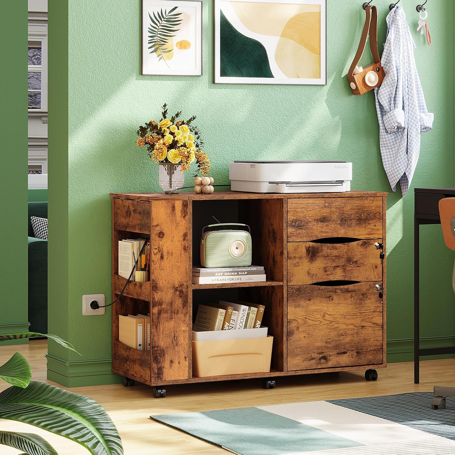 DEVAISE File Cabinet with Lock, 3 Drawer Rolling Mobile Lateral Filing Cabinets with Charging Station Printer Stand with Open Storage Shelves Fits A4 or Letter Size for Home Office Rustic Brown