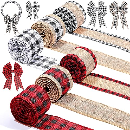 6 rollos de 30 yardas de tela de arpillera navideña para manualidades, diseño de búfalo de Navidad, a cuadros, con borde con alambre, cinta de