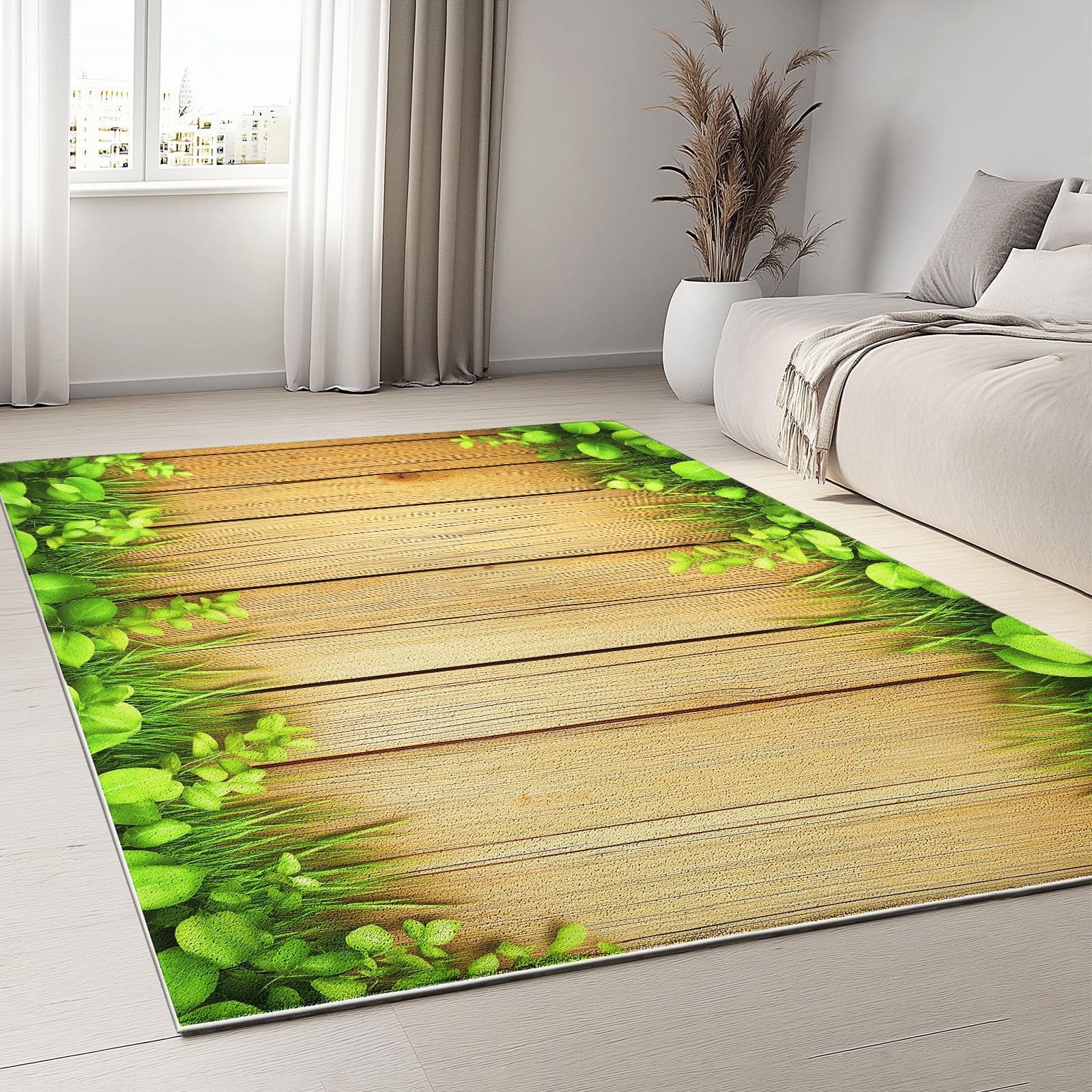 Dywan do salonu, 100 x 160 cm, tekstura drewna w stylu used look, antypoślizgowy, nadaje się do prania, zielona trawa i liście, miękki bieżnik do sypialni, bieżnik z krótkim włosiem, do salonu, pokoju