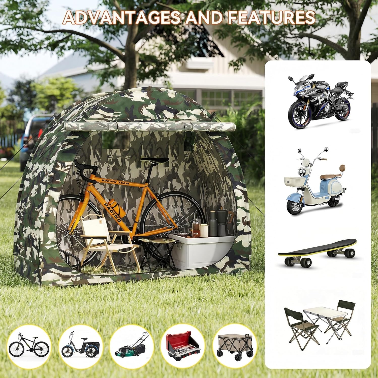 Bike Tent with Bicycle Racks Outdoor Portable Bicycle Storage Sheds with 210D Oxford 1000ppm Waterproof for 2/3 Bikes, Covers Shelter for Motorcycle, Lawn Mower,Garden Tools,Camouflage