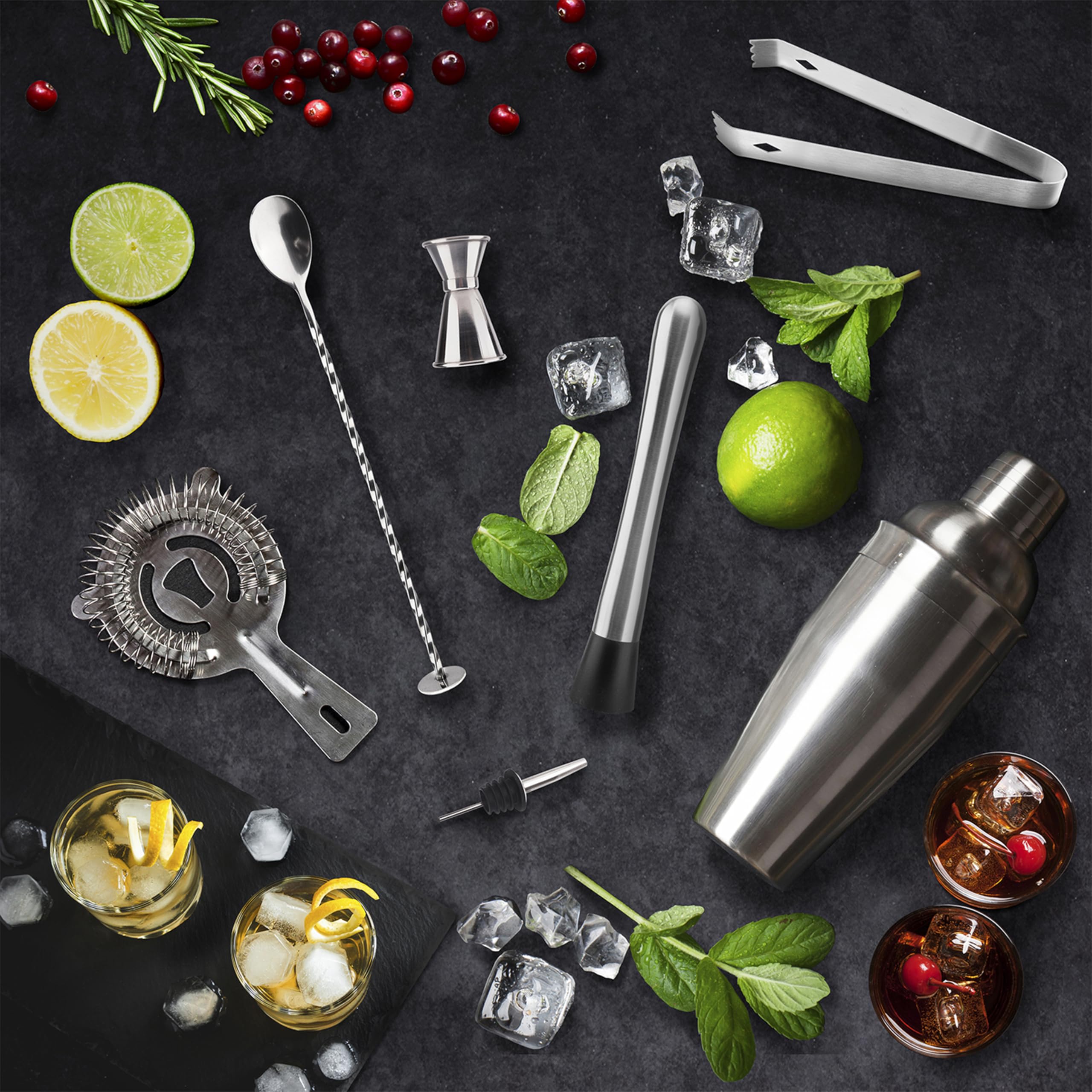 COOK CONCEPT - KV7303 Coffret Complet à Cocktail avec Support en Bambou - Shaker, Pilon, Passoire, Cuillère, Verre Doseur, Bouchon Verseur, Pince - 27.6 x 25 x 10.5 cm - Couleur Argent