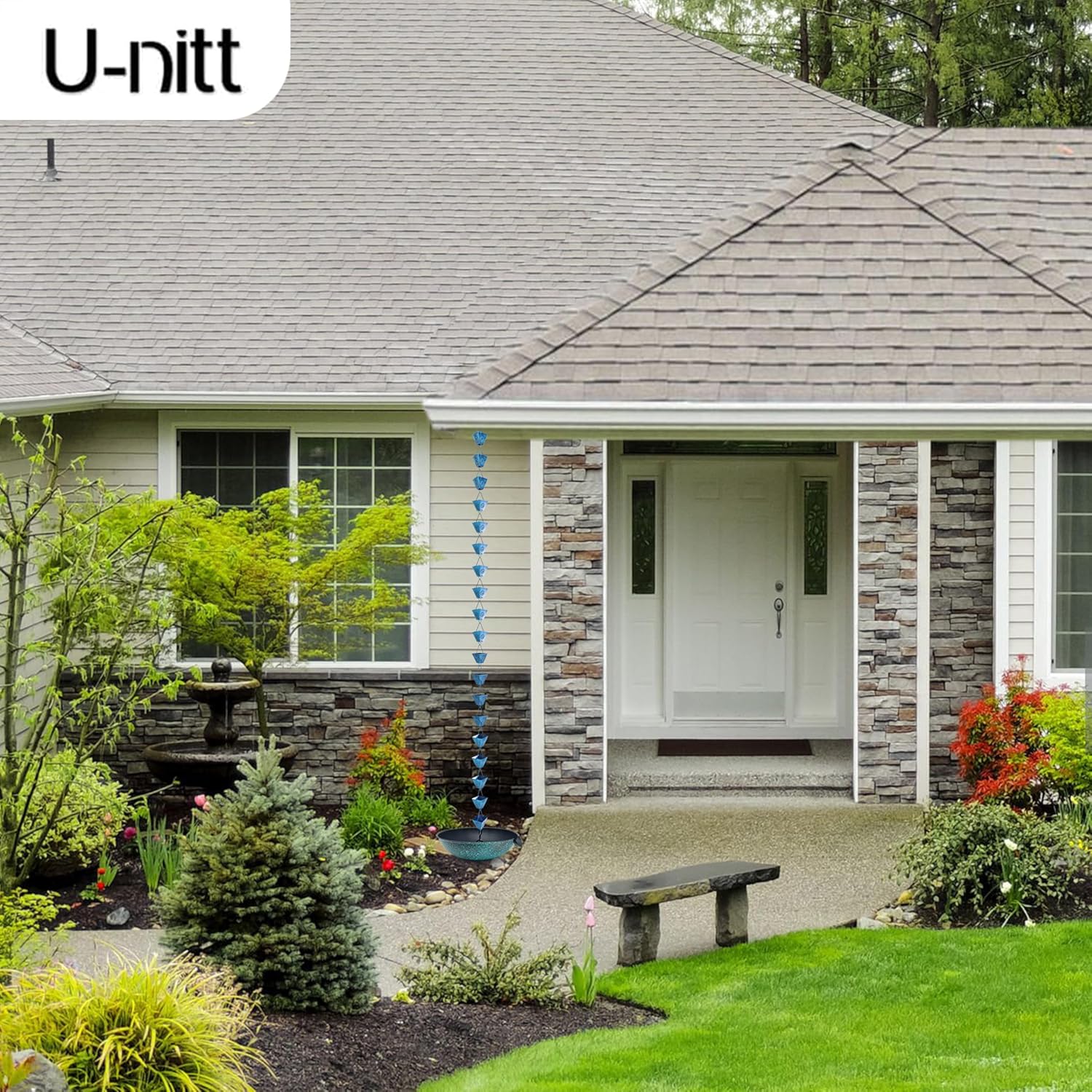 U-nitt Rain Chain Water Collection for Gutters Rainwater Catcher & Diverter, 8.5 FT Chains for Outside Garden Patina Square Cups, Roof Downspout, Works with Heavy Rain, w/ Gutter Clip for Rainchains