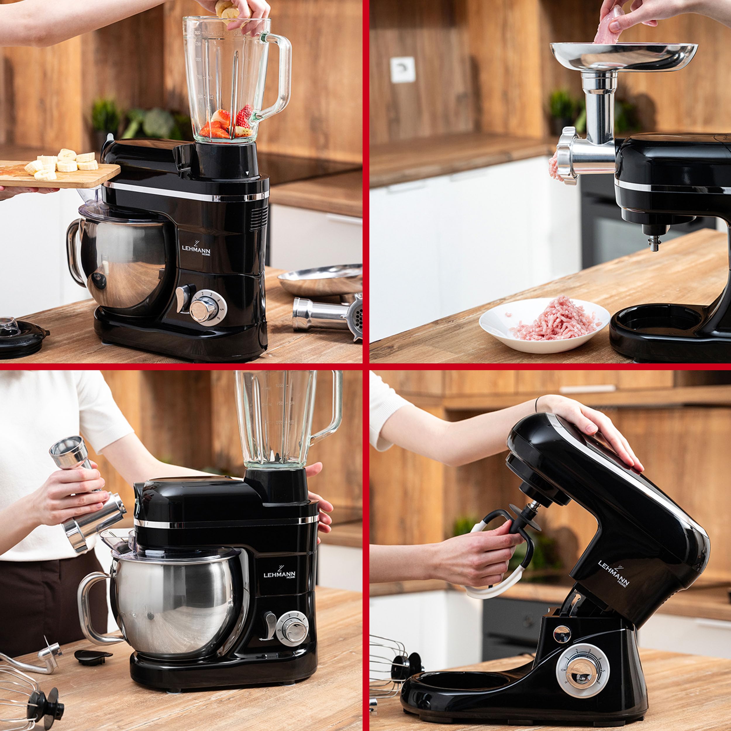 LEHMANN Robot Pâtissier & Robot de Cuisine Multifonction 3-en-1, avec Hachoir à Viande, Blender en Verre 1,5L, Bol Inox 5L, Mouvement Planétaire, 6 Vitesses + Pulse