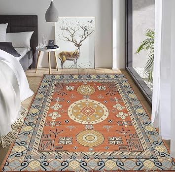 EORC Area Rugs for Living Room & Home Decor Non-Slip Hand-Knotted Wool Khotan Oriental Rug Provides Comfort & Beauty, Indoor Floor Area Rug for Bedroom, Dining Room, Offices 9ft x 12ft, Rust