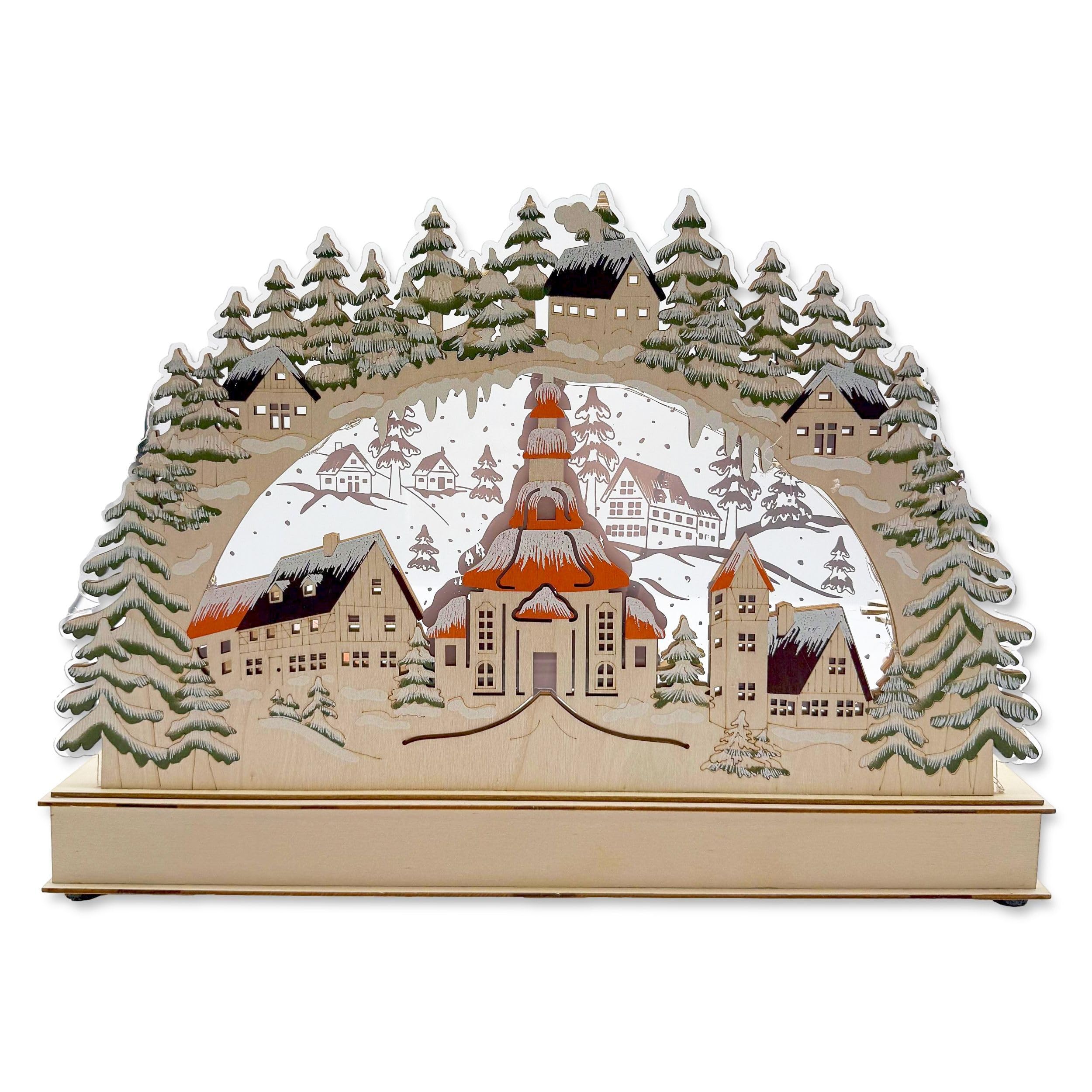 Wichtelstube-Kollektion LED Schwibbogen Seiffener Kirche Weihnachtsmarkt Winterlandschaft, Lichterbogen indirekt beleuchtet Schwippbogen Echtholz beidseitig bemalt