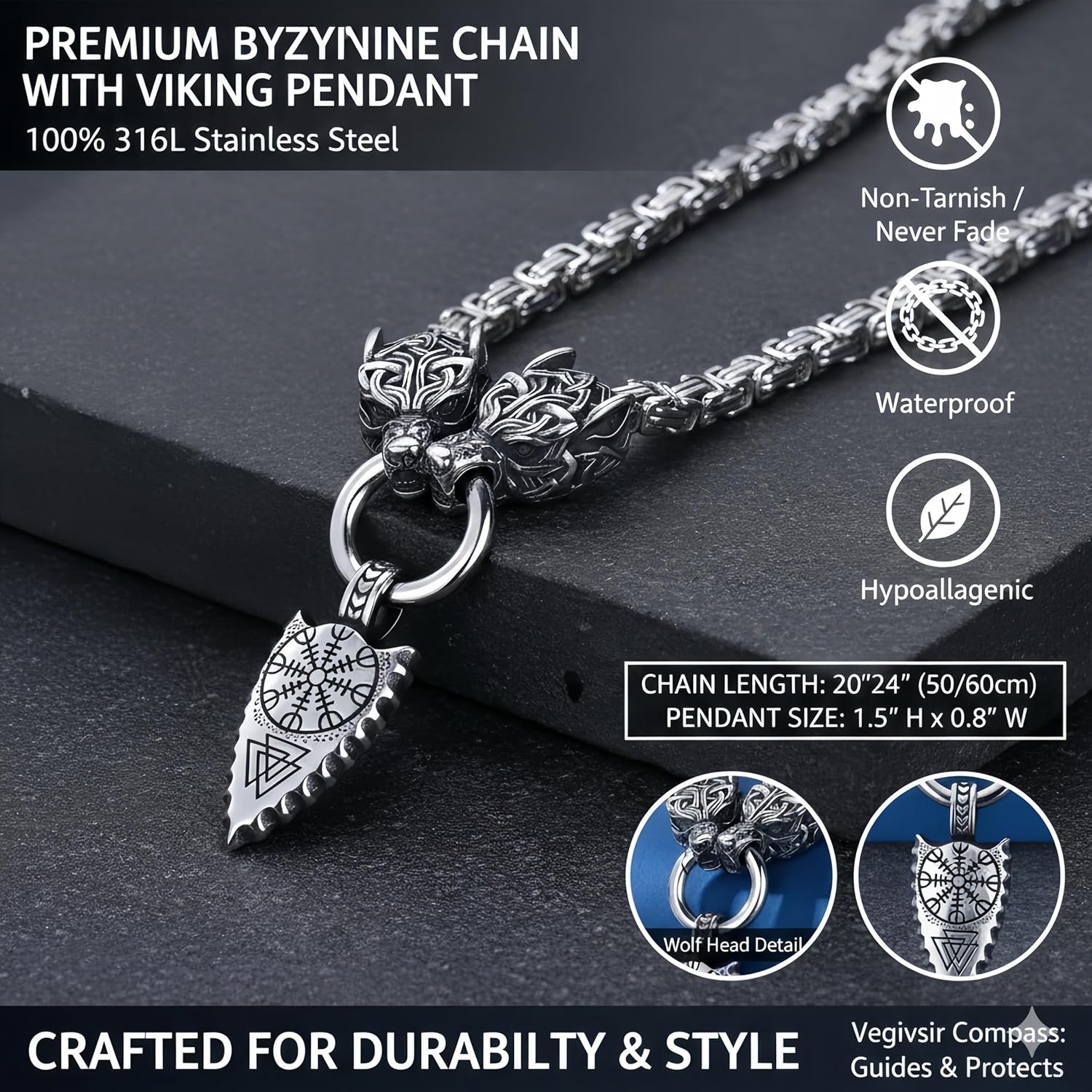 ROWIN&CO Viking Necklace for Men, Stainless Steel Nordic Runes Wolf Head Spearhead & Trinity Knot Pendant with Byzantine Chain Amulet, Norse Mythology Pagan Gothic Biker Jewelry Gift