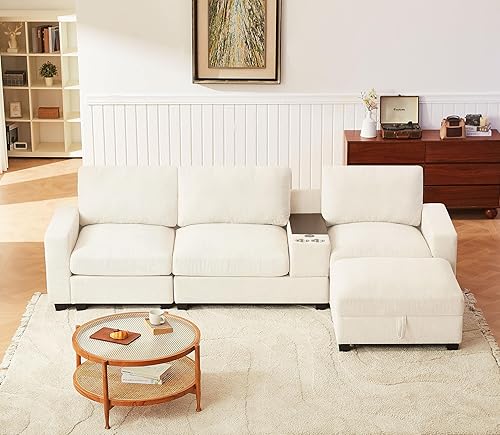 Sofá modular de 122 pulgadas con consola y portavasos, sofá en forma de L con diván convertible, sofá de 4 asientos con otomana de almacenamiento,