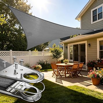 12 x 12 x 12 Grey Sun Shade Heavy Duty Triangle Shade Sail, Custom Size Super Ring Canopy Awning Shades for Patio Carport Yard UV Blockage Commercial Grade 260 GSM