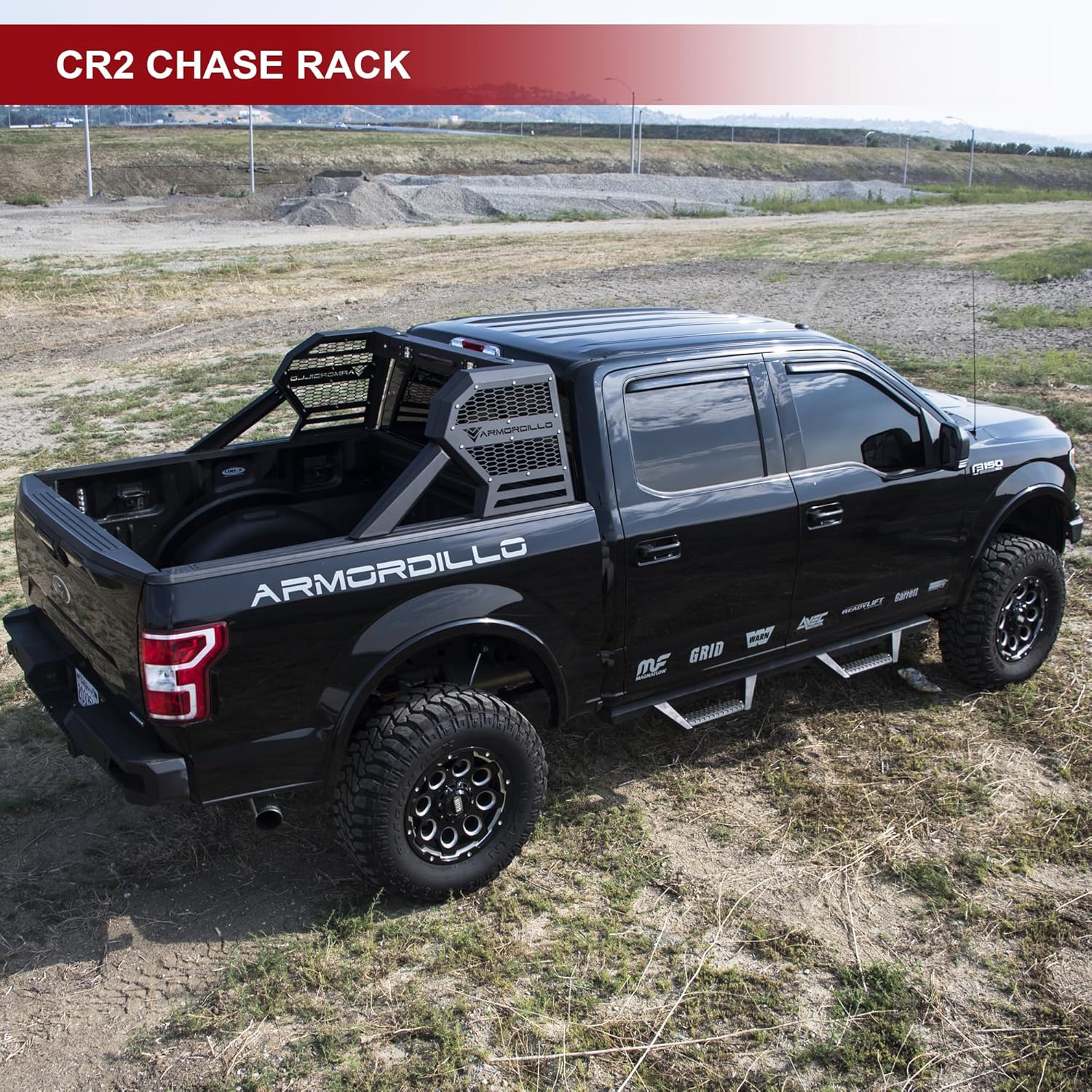 ARMORDILLO CR2 Roll Bar Chase Rack Compatible for 1/2 Ton Full Size and Mid Size Pickup Trucks|LED 3rd Brake Light Lamp|2X Quad LED Light Bars|Honeycomb Mesh 8710869 - Matte Black