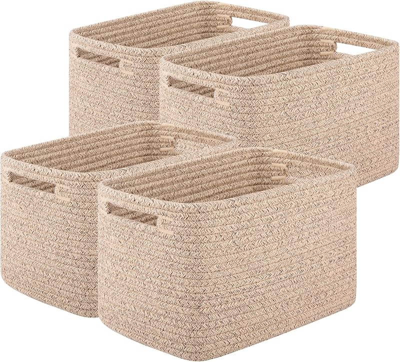 OIASKET 4Packs Natural Cotton Rope Storage Baskets for Organizing Toys, Clothes, Towels & Books, Soft Versatile Organizers for Shelves, Home Decorative Bins, 13''Lx9''Wx7.8''H, Brown