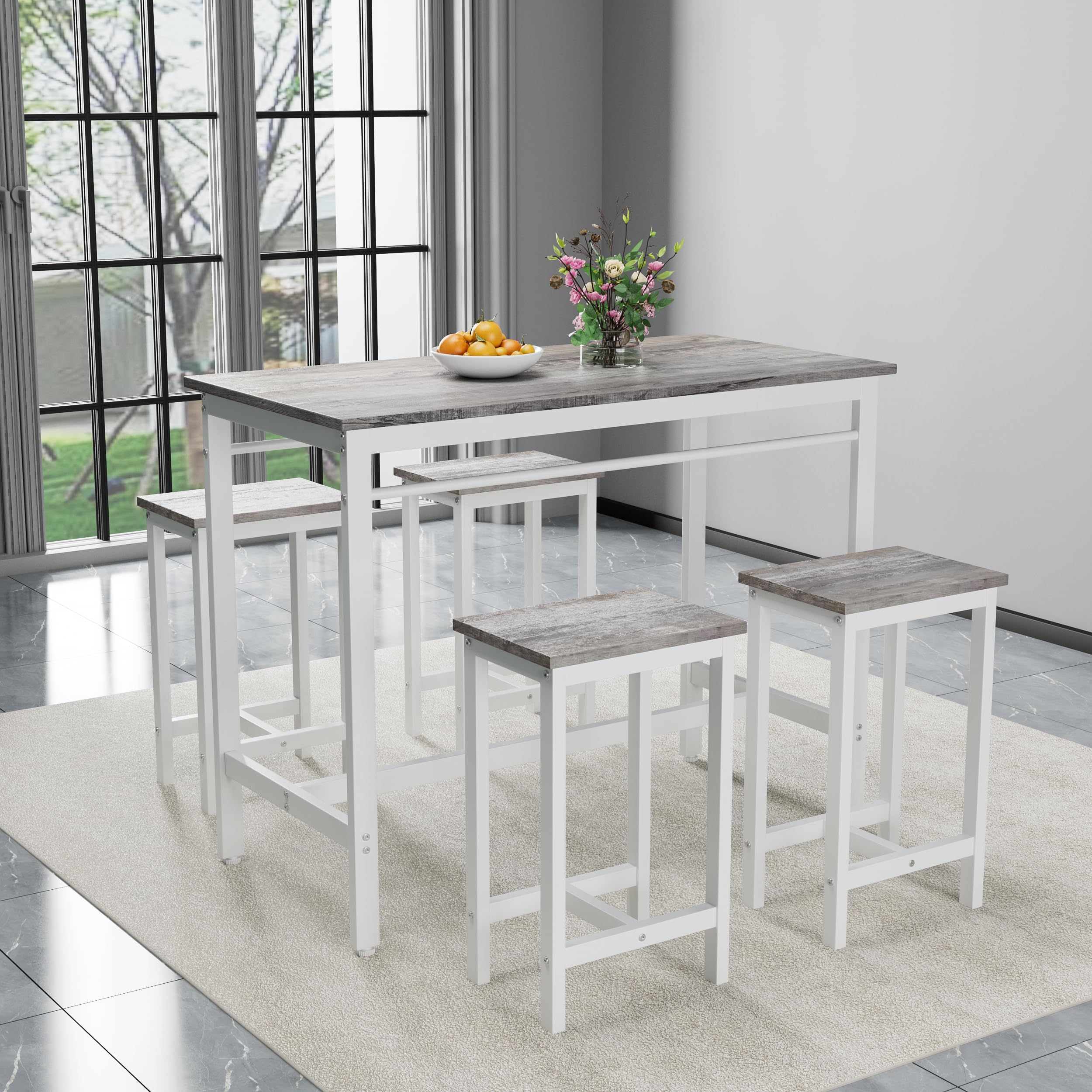 5-Piece Modern Kitchen Table with Four bar stools Bar Table Set 5PC,Metal Frame and MDF,Suitable for Dining Room/Living Room/Kitchen,Grey,47.2'' L x 23.6'' W x 35.4'' H