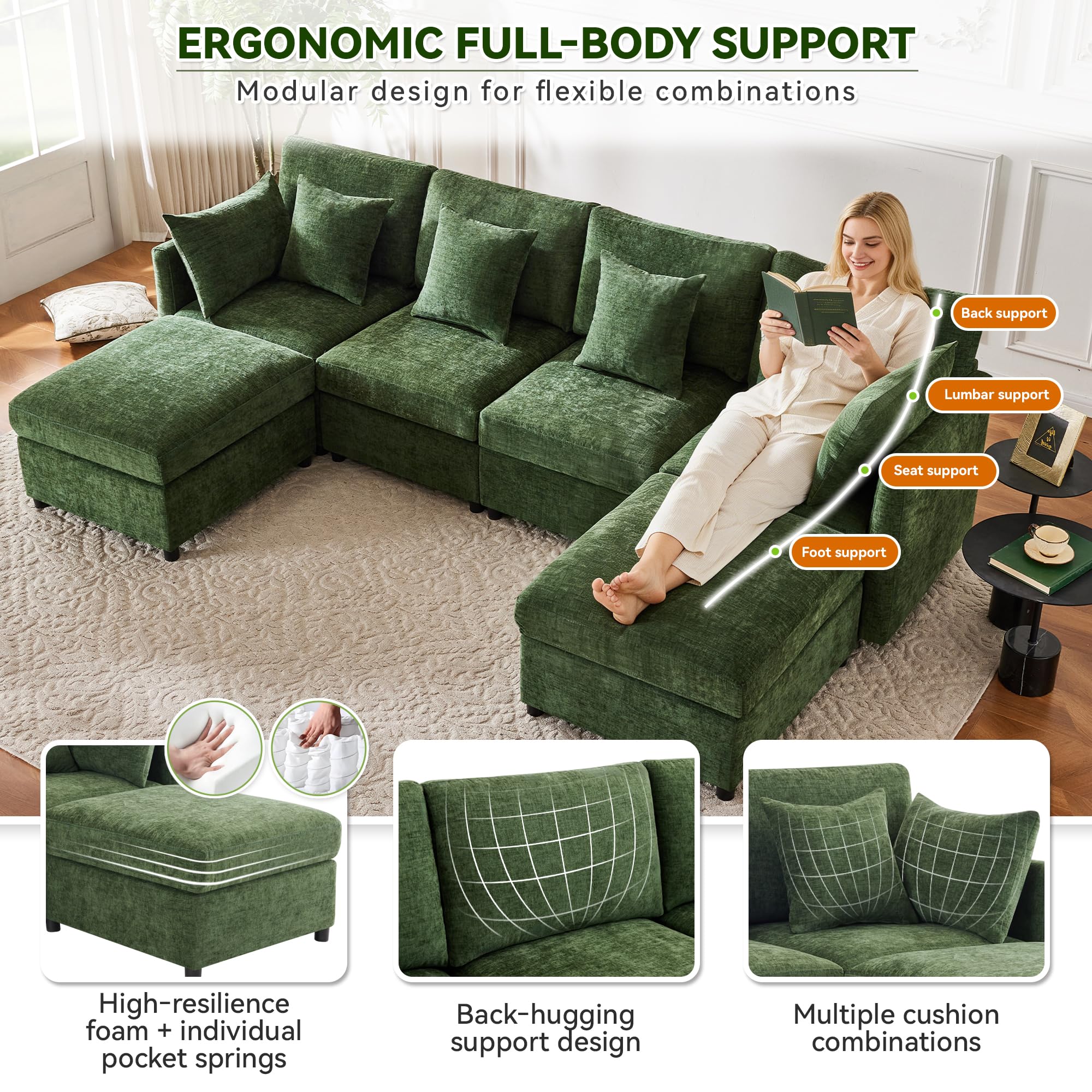 Yihomfy 278 cm canape Dangle Convertible,canapé d'angle Convertible, canapé modulable en U/L,canape modulable avec 2 poufs,6 Coussins, Chenille canapé 6 Places canapé panoramique,Vert