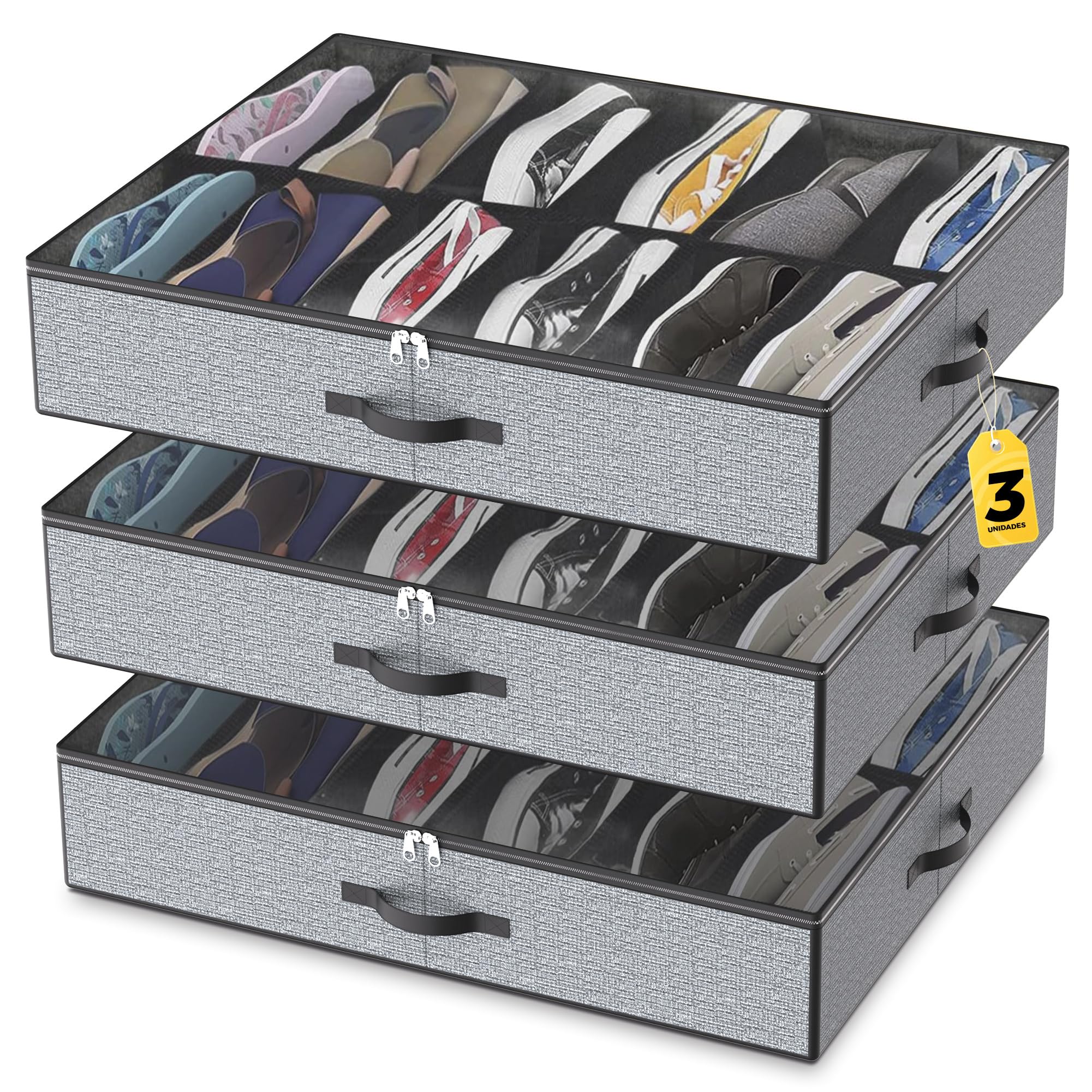 Organizador Zapatos - Zapatero Bajo Cama de Tela - Organizadores de Zapatos - Cajas para Zapato - Zapatero Tela - Organizador Zapato Armario o Debajo Cama - (3 Cajas/36 Compartimentos) - 74,5x60x15 cm