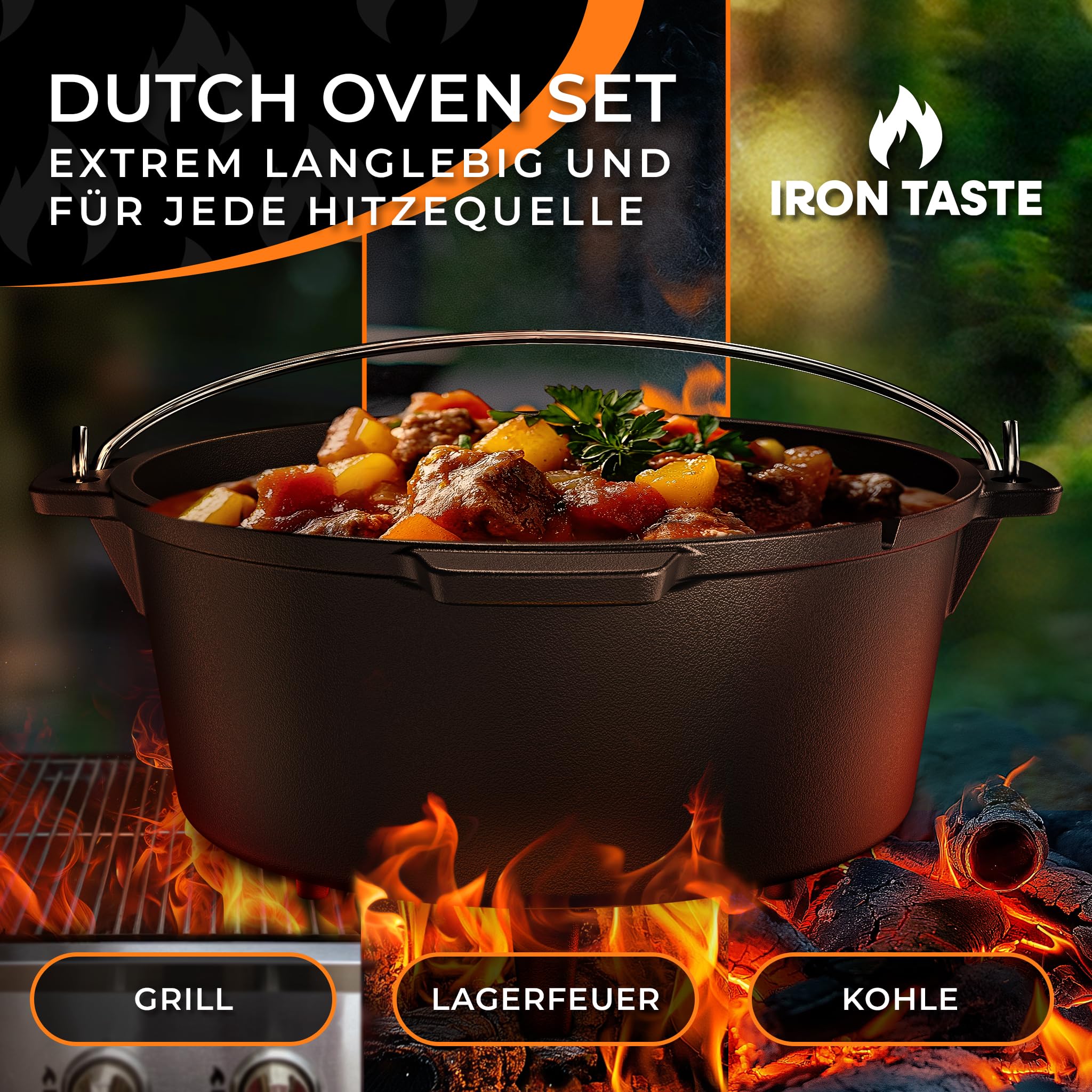 Dutch Oven Set 12L - Eingebrannter Dutch Oven 12 Liter - Feuertopf Gusseiserner Topf mit Füßen & mit praktischem Deckelheber [für 10-16 Personen]