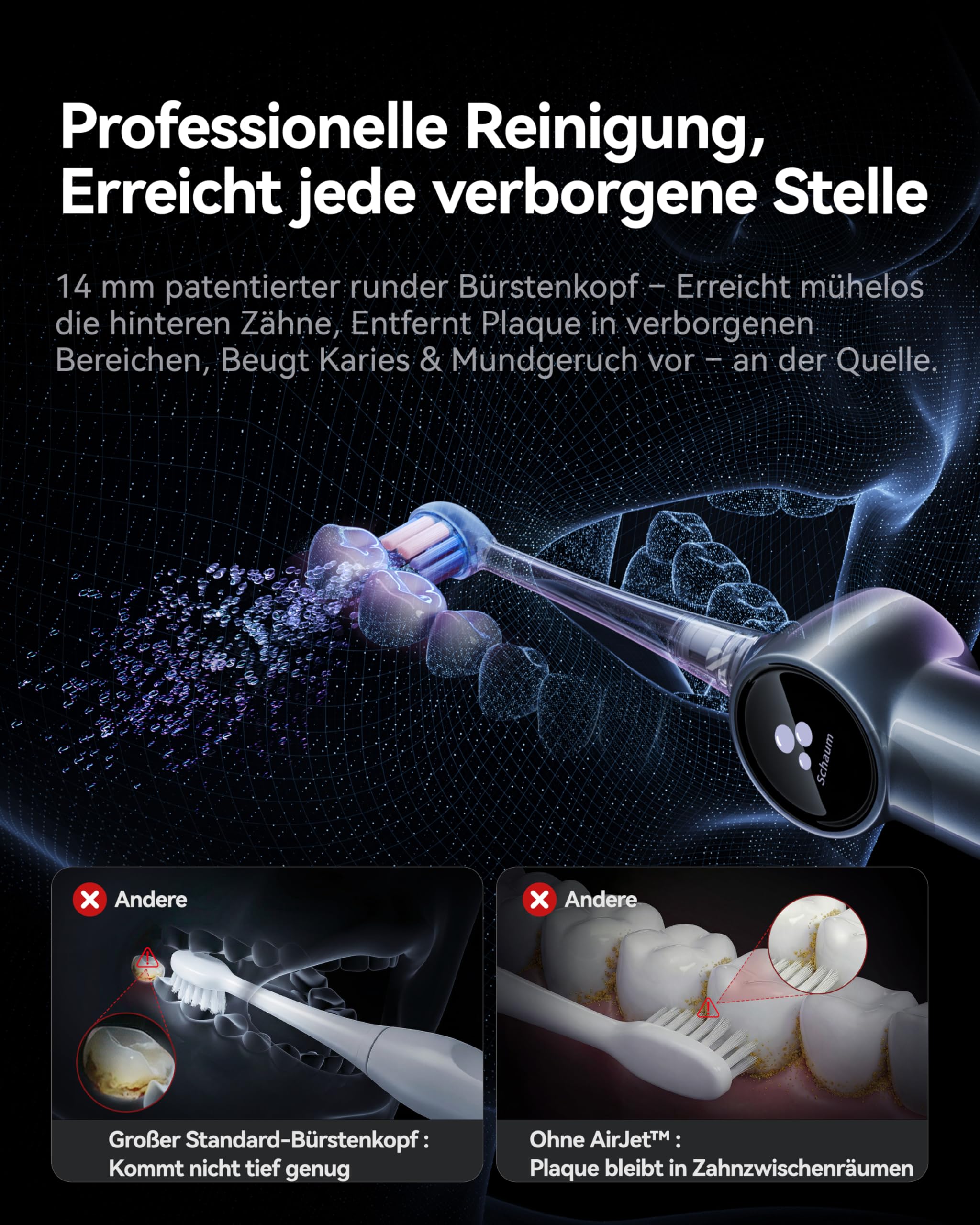 RANVOO AirJet X5 [Extra tiefe Zahnzwischenraum-Reinigung] Next-Gen elektrische Zahnbürste, 100% Plaque-Entfernung, Zahnfleischpflege, für Zahnspangen geeignet, 60 Tage Akku, 3 Bürstenköpfe, Stahlblau