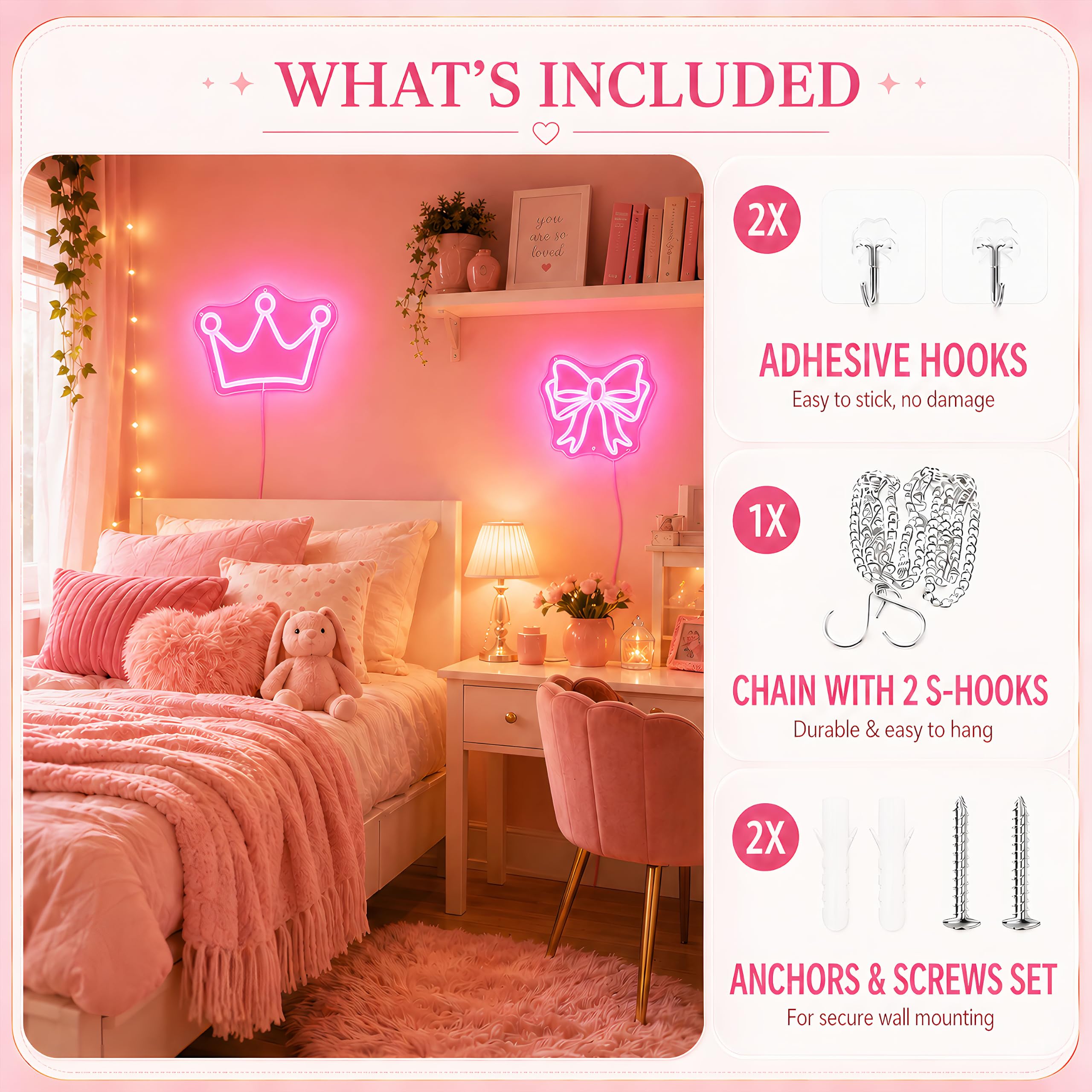 Confezione da 2 insegne al neon a forma di fiocco e corona, luce LED rosa per decorazione della camera da letto, alimentata tramite USB, dimmerabile, luce al neon per sala di bellezza, dormitorio