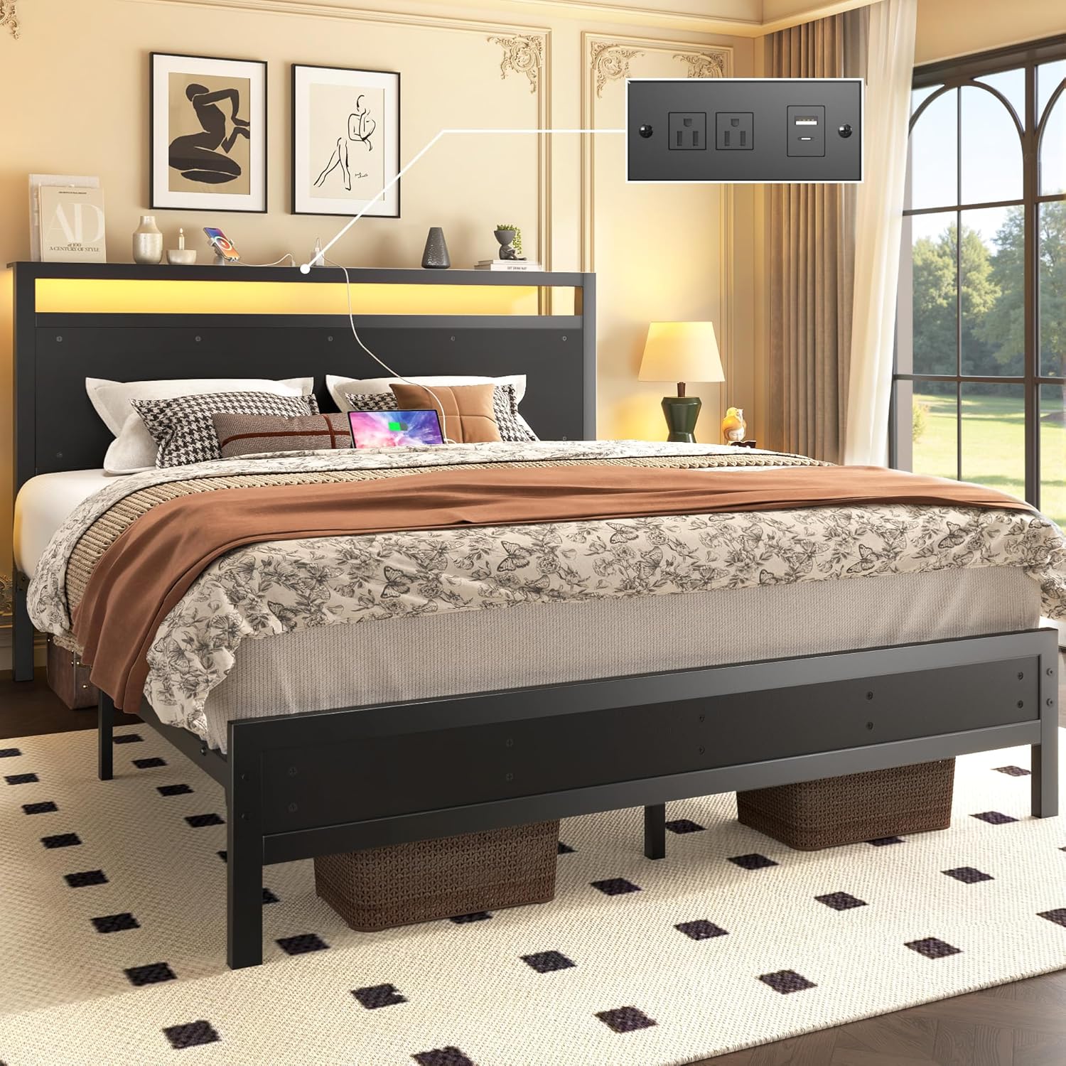 Fluest Queen Bed Frame with LED lights and charging station