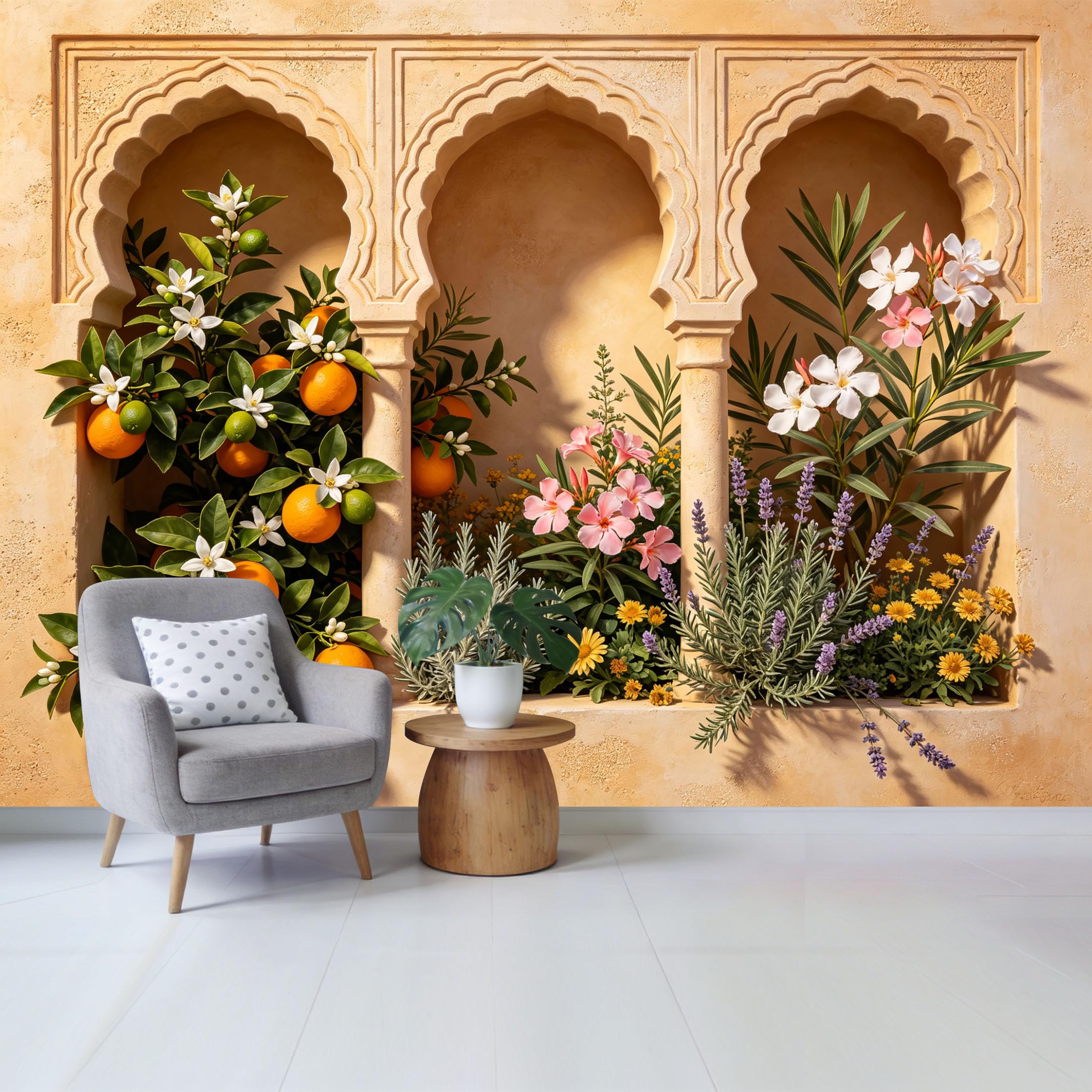 Custom Size Wall Mural Mediterranean Arch Garden with Orange Blossoms and Floral Botanical Pattern Removable Self Adhesive Fabric Home Wall Decor for Living Room Bedroom Bathroom