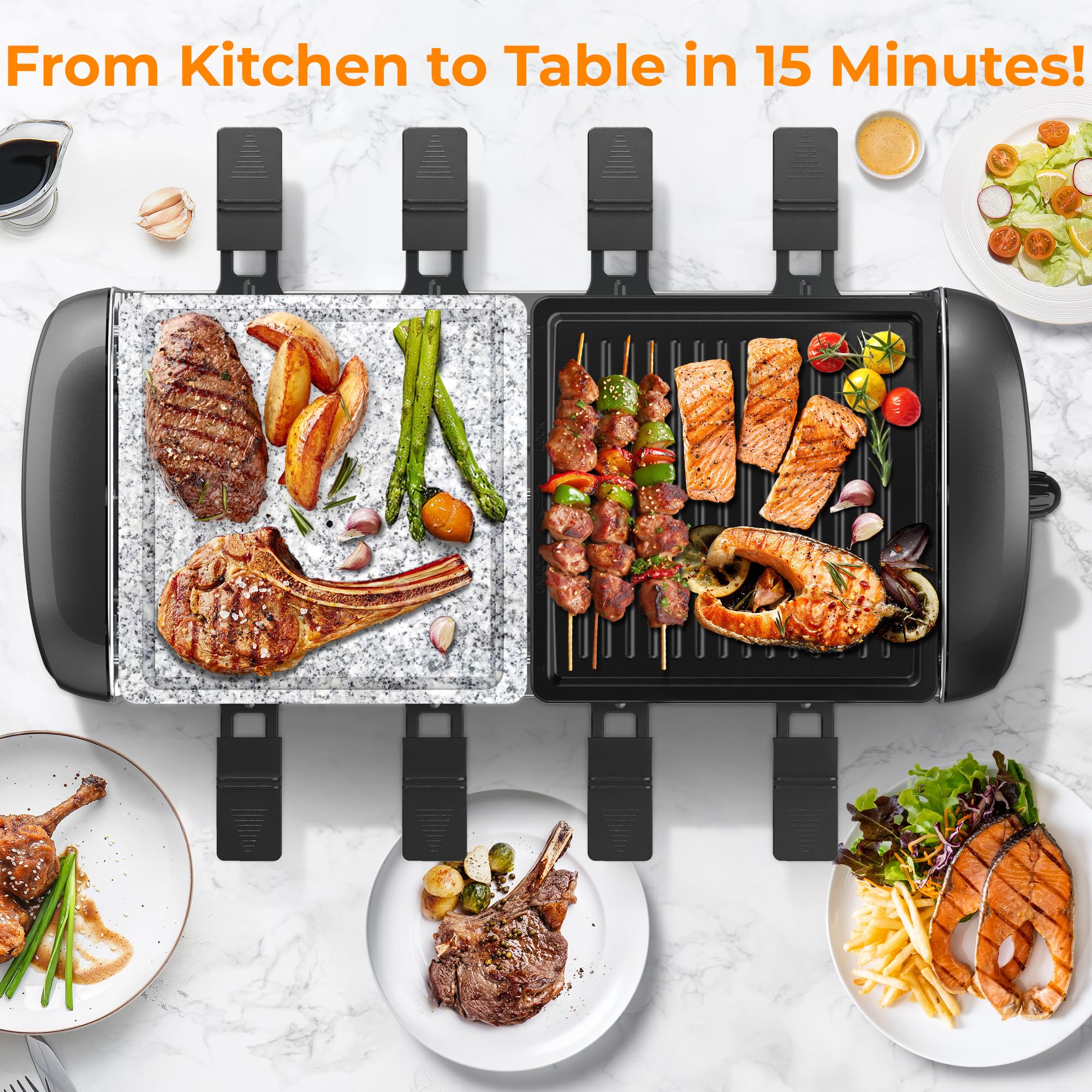 Griglia Elettrica JOYAMI Raclette da Tavolo con Pietra Naturale e Piastra Grill, Raclette con Piastra Antiaderente e 8 Pentolini,Griglia Elettrica per Grigliate Gratinati, Acciaio Inossidabile, 1400 W
