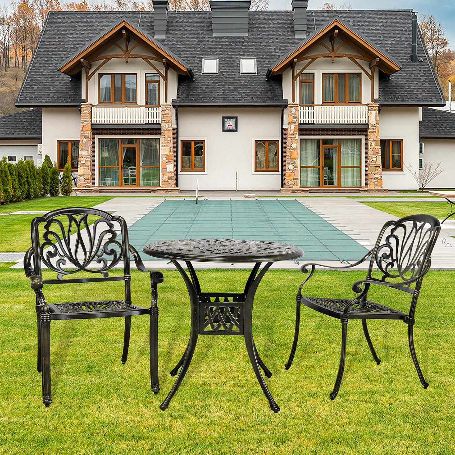 VIVIJASON 3-Piece Patio Furniture Dining Set, All-Weather Cast Aluminum Outdoor Bistro Set, Include 2 Chairs and 31" Round Table w/Umbrella Hole for Balcony, Lawn, Garden, Backyard