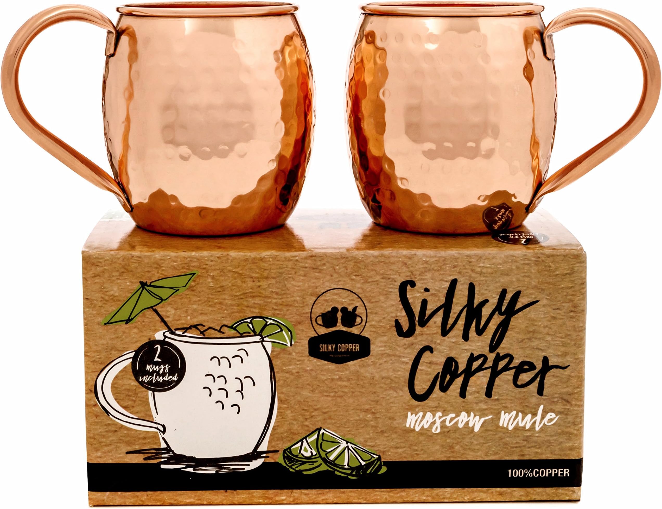 Silky Copper Barware Moscow Mule Mugs - Set of 2 - 100% Solid Copper, 16 Ounce Capacity, Hammered Finish and Premium Quality